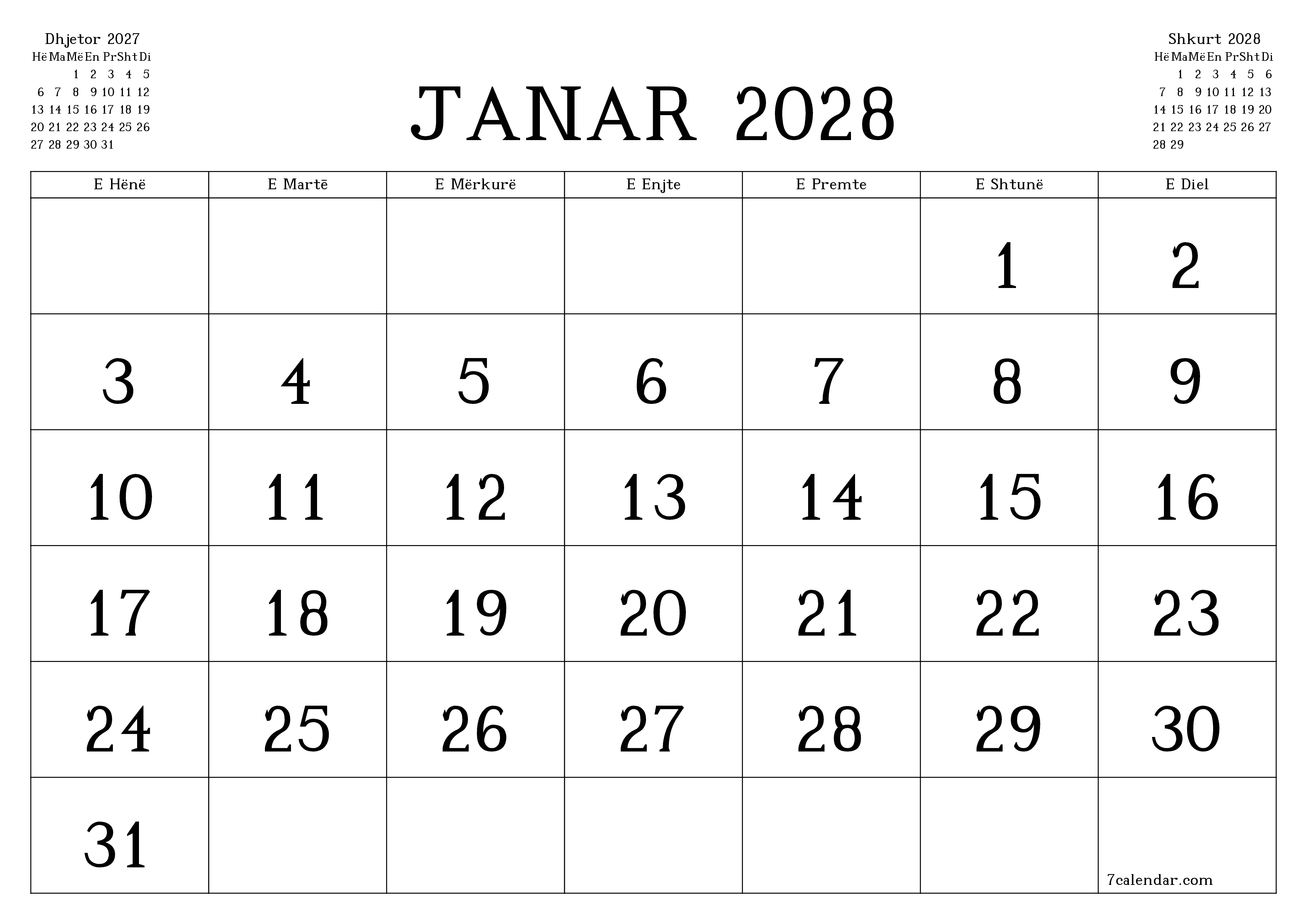 Planifikuesi i zbrazët i kalendarit mujor për muajin Janar 2028 me shënime të ruajtura dhe të printuara në PDF PNG Albanian