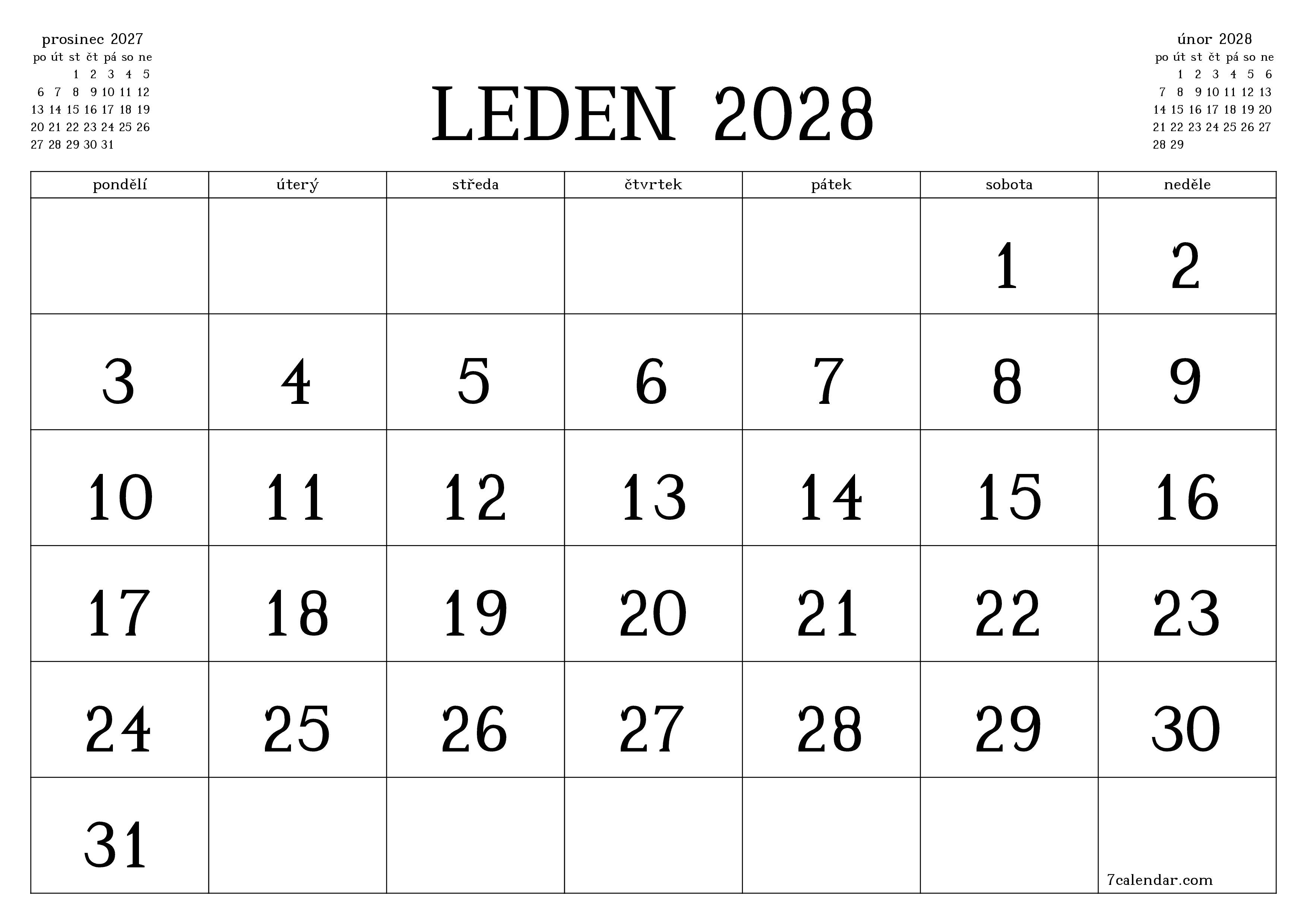 Vyprázdnit měsíční plánovač na měsíc leden 2028 s poznámkami, uložit a vytisknout do PDF PNG Czech