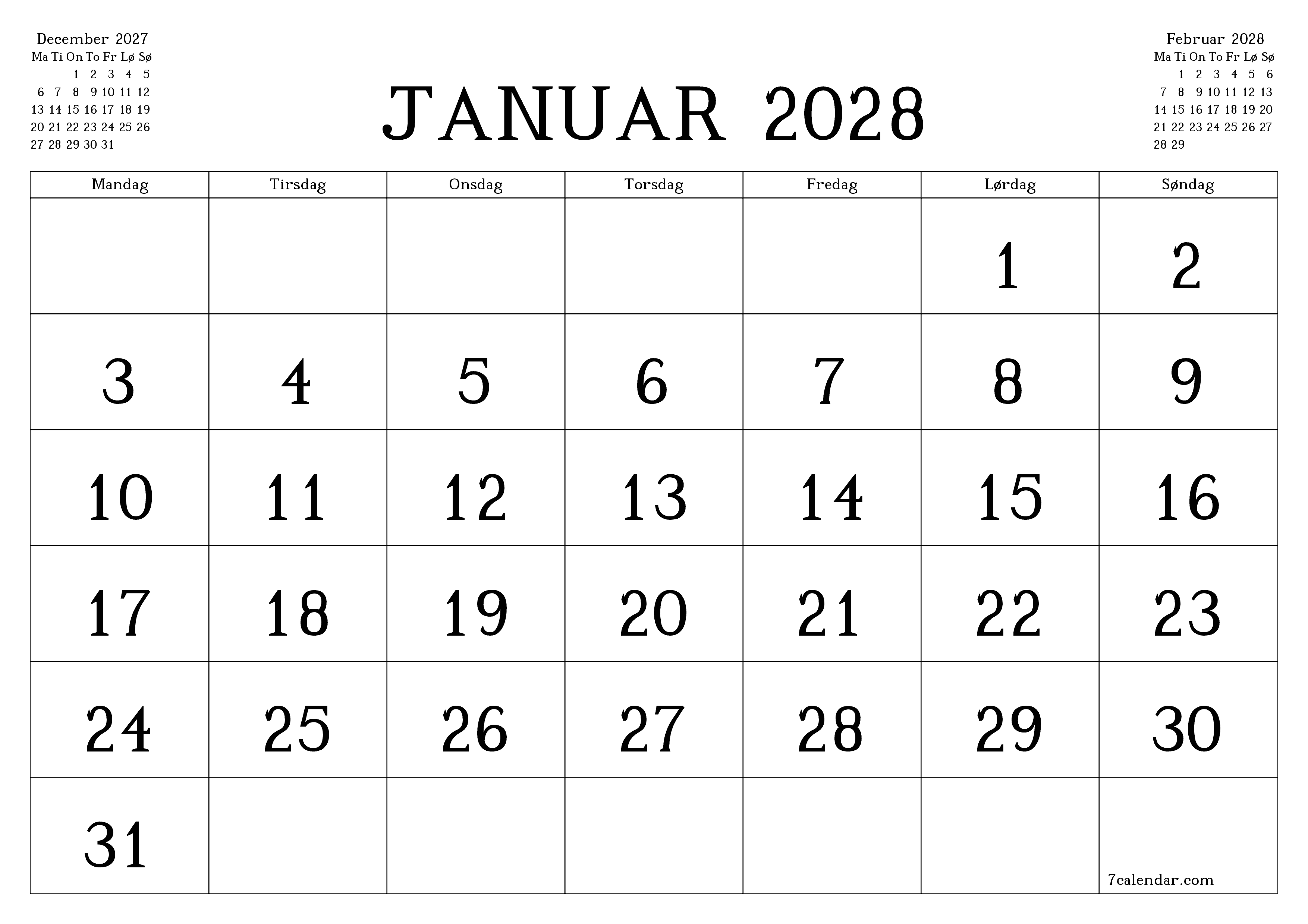 Tom månedlig planlægning for måned Januar 2028 med noter, gem og udskriv til PDF PNG Danish