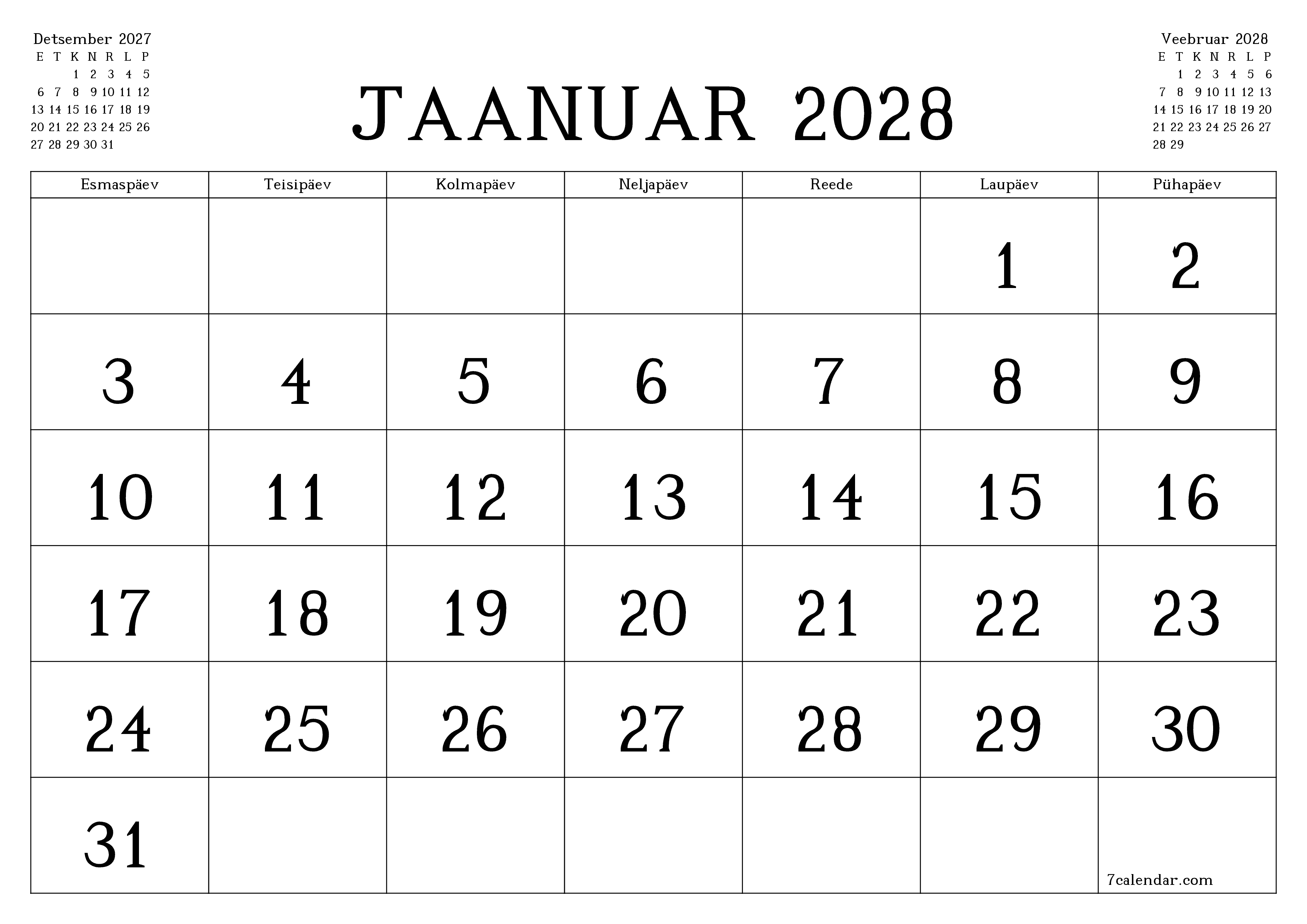 Tühjendage kuu Jaanuar 2028 kuuplaneerija märkmetega, salvestage ja printige PDF-i PNG Estonian