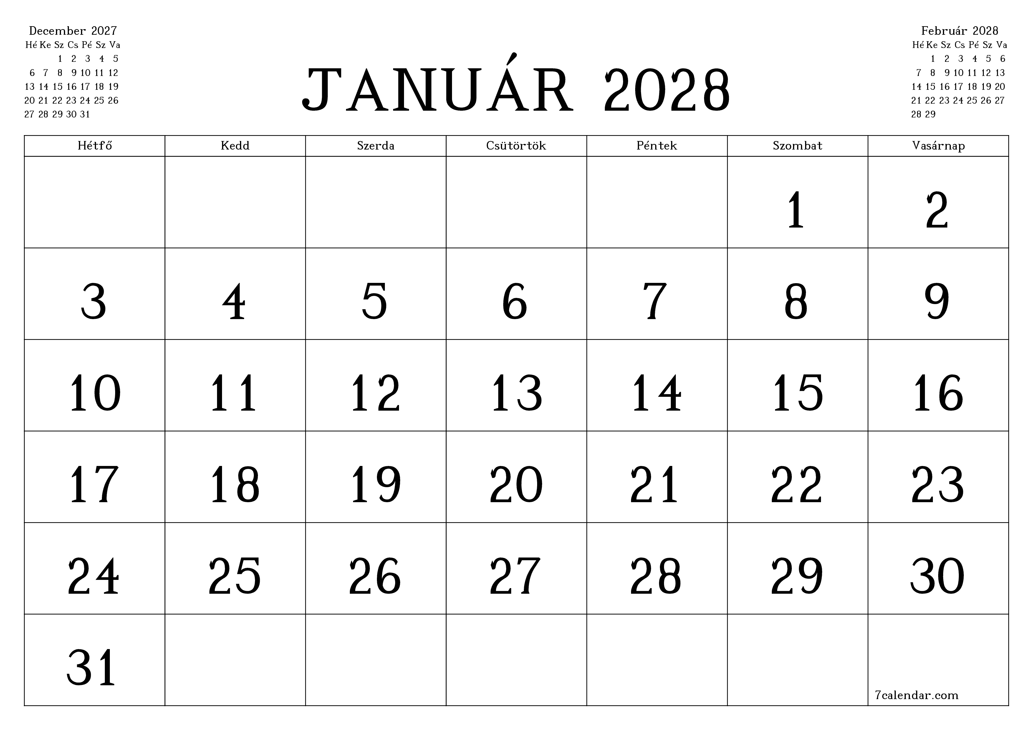 Üres havi tervező a Január 2028 hónapra jegyzetekkel, mentés és nyomtatás PDF-be PNG Hungarian
