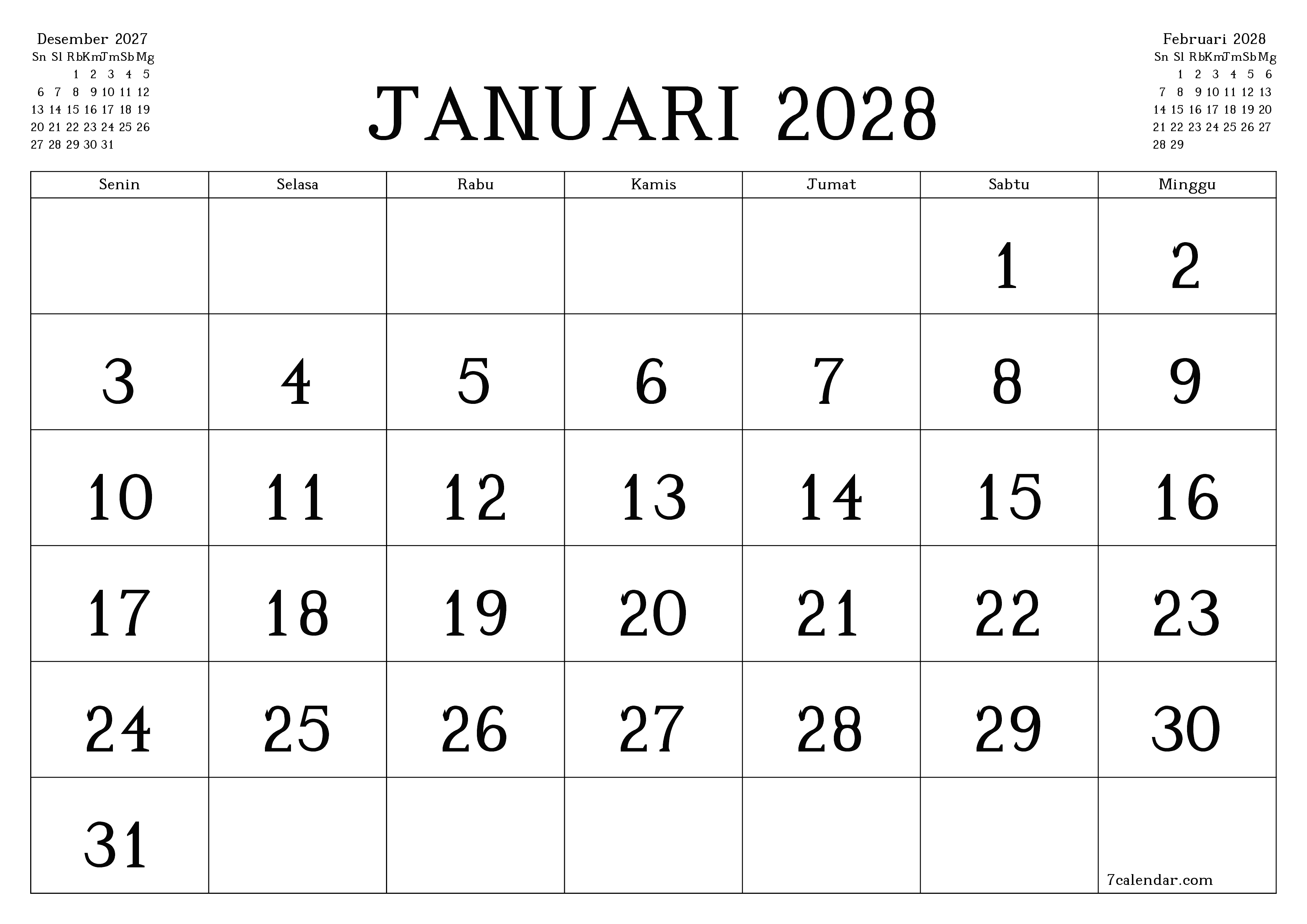 Kosongkan agenda bulanan untuk bulan Januari 2028 dengan catatan, simpan dan cetak ke PDF PNG Indonesian