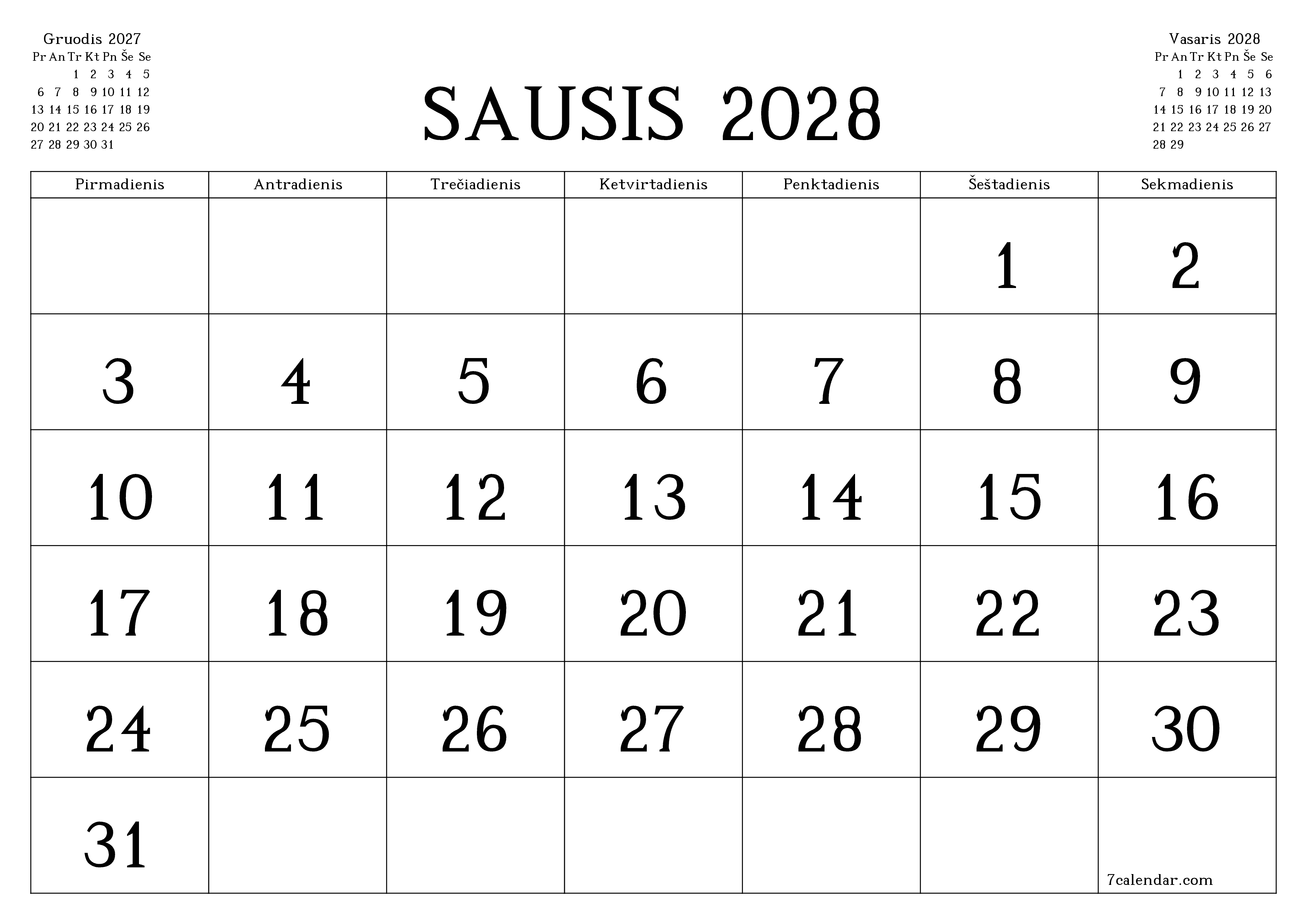Ištuštinti mėnesio Sausis 2028 mėnesio planavimo priemonę su užrašais, išsaugoti ir atsispausdinti PDF formate PNG Lithuanian