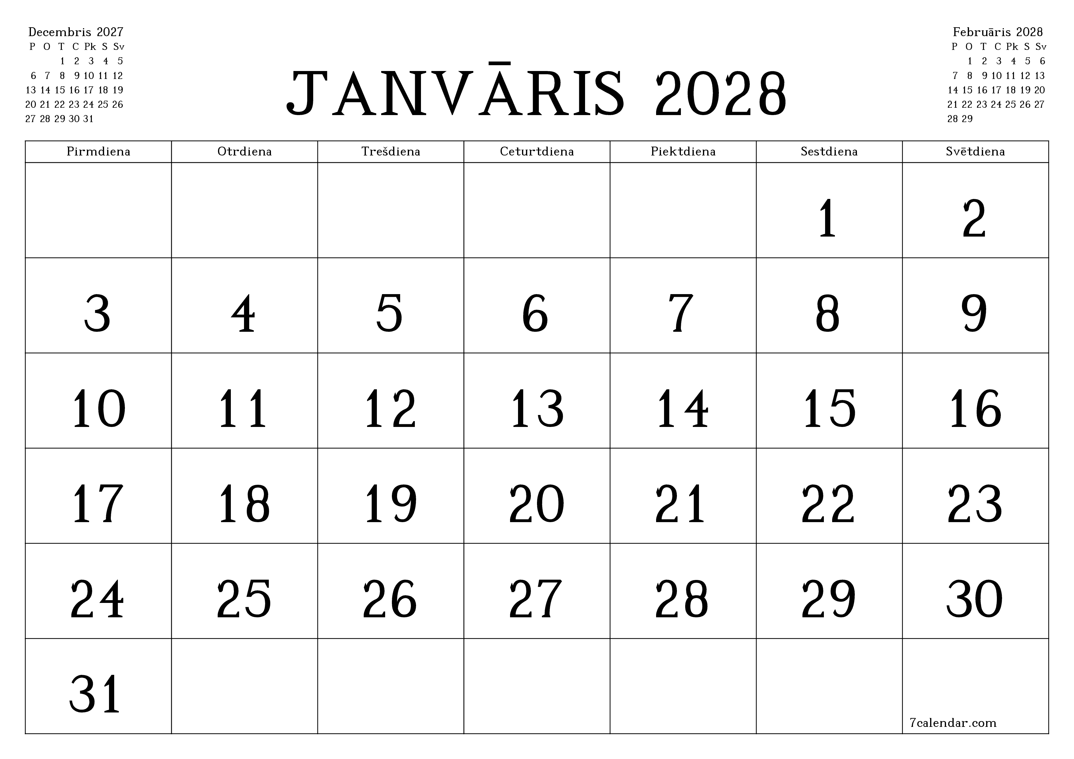Iztukšot mēneša plānotāju mēnesim Janvāris 2028 ar piezīmēm, saglabāt un izdrukāt PDF formātā PNG Latvian