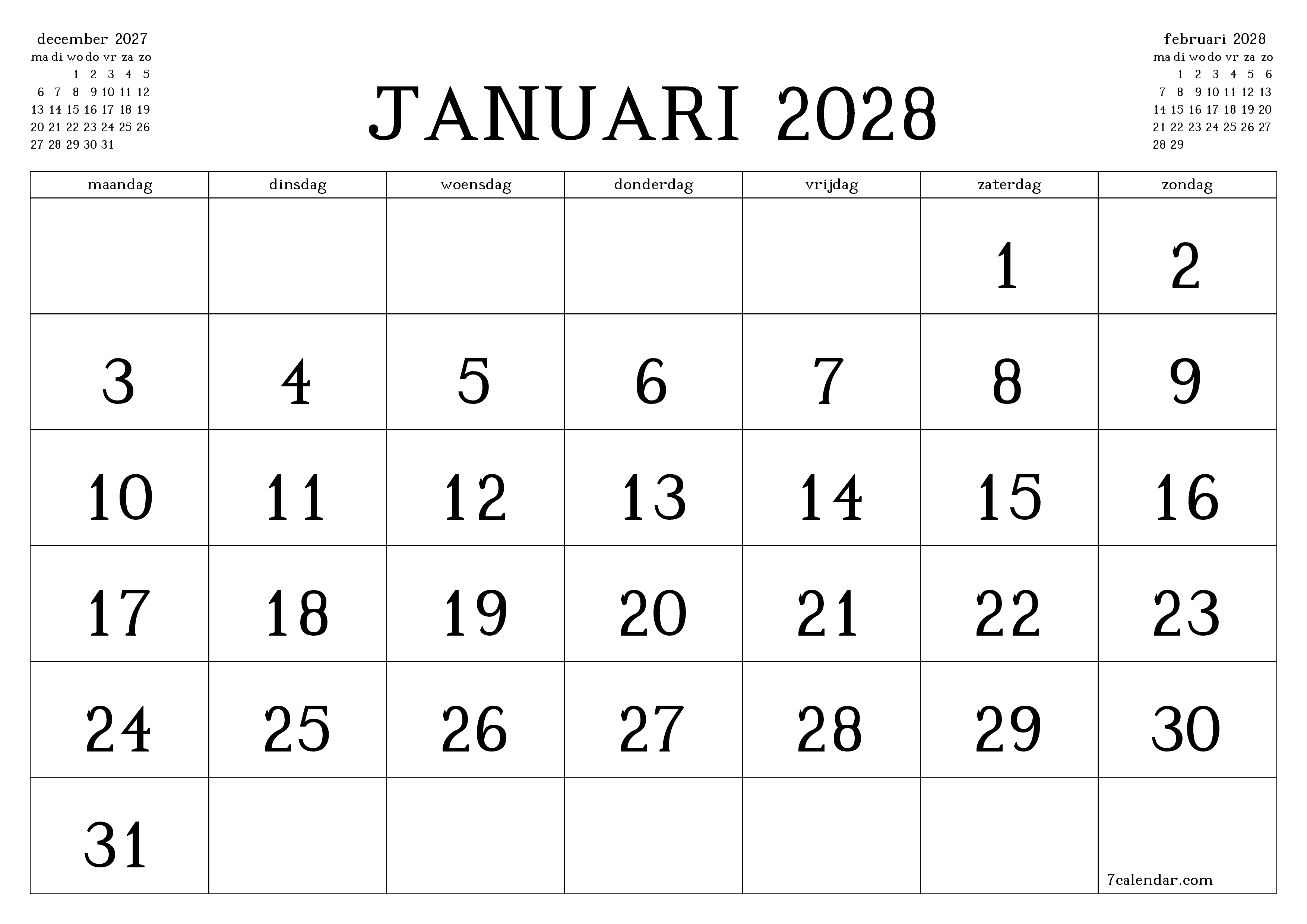 Lege maandplanner voor maand januari 2028 met notities, opslaan en afdrukken naar pdf PNG Dutch