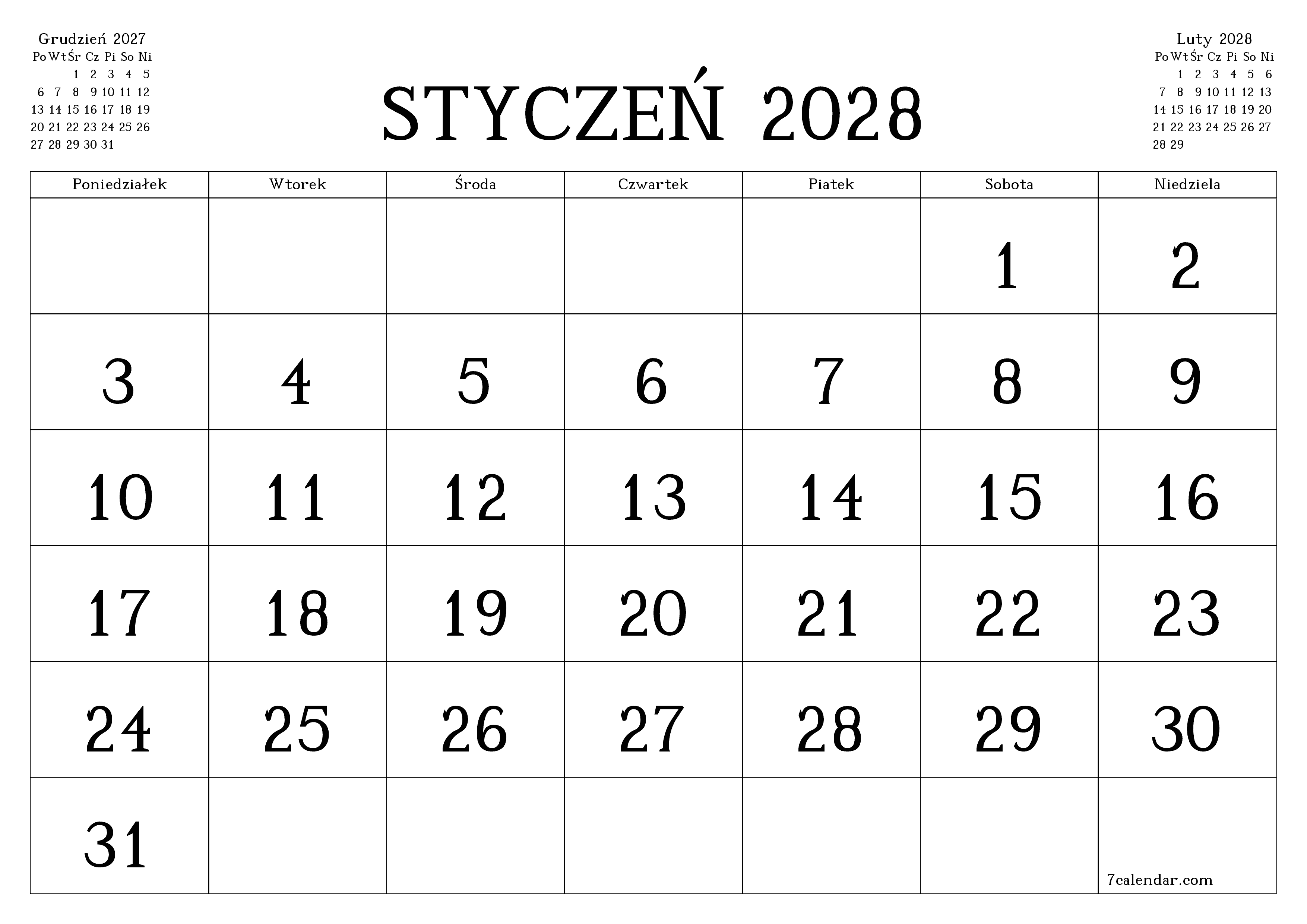 Opróżnij miesięczny planer na miesiąc Styczeń 2028 z notatkami, zapisz i wydrukuj w formacie PDF PNG Polish