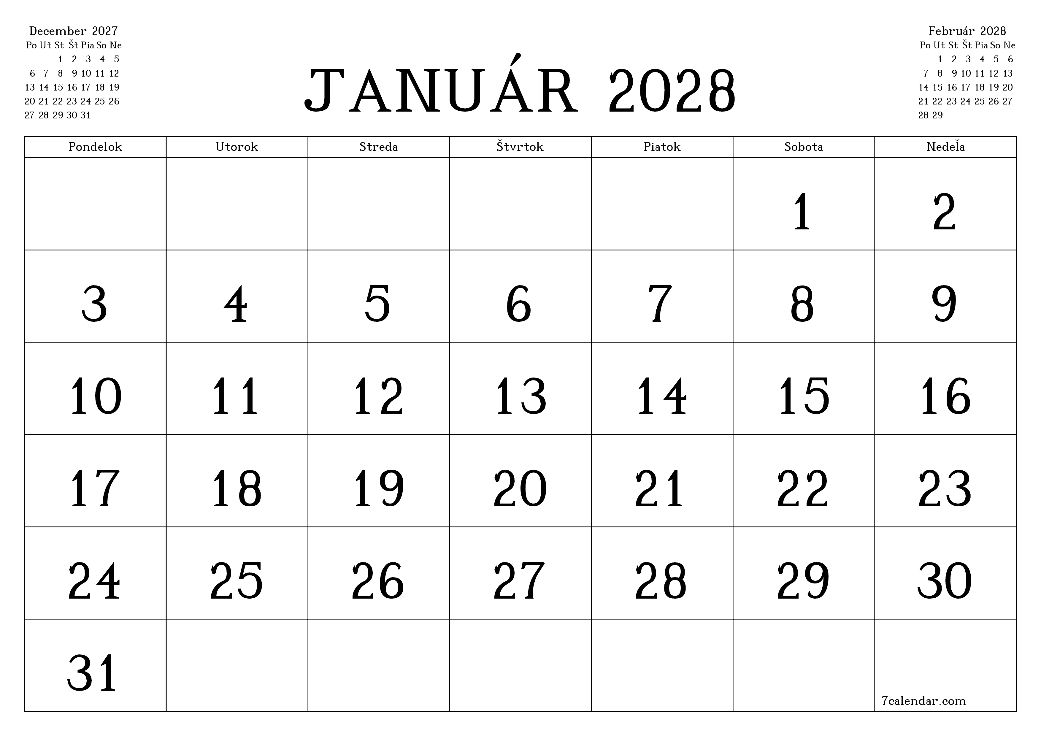Prázdny mesačný plánovač na mesiac Január 2028 s poznámkami, uloženie a tlač do PDF PNG Slovak