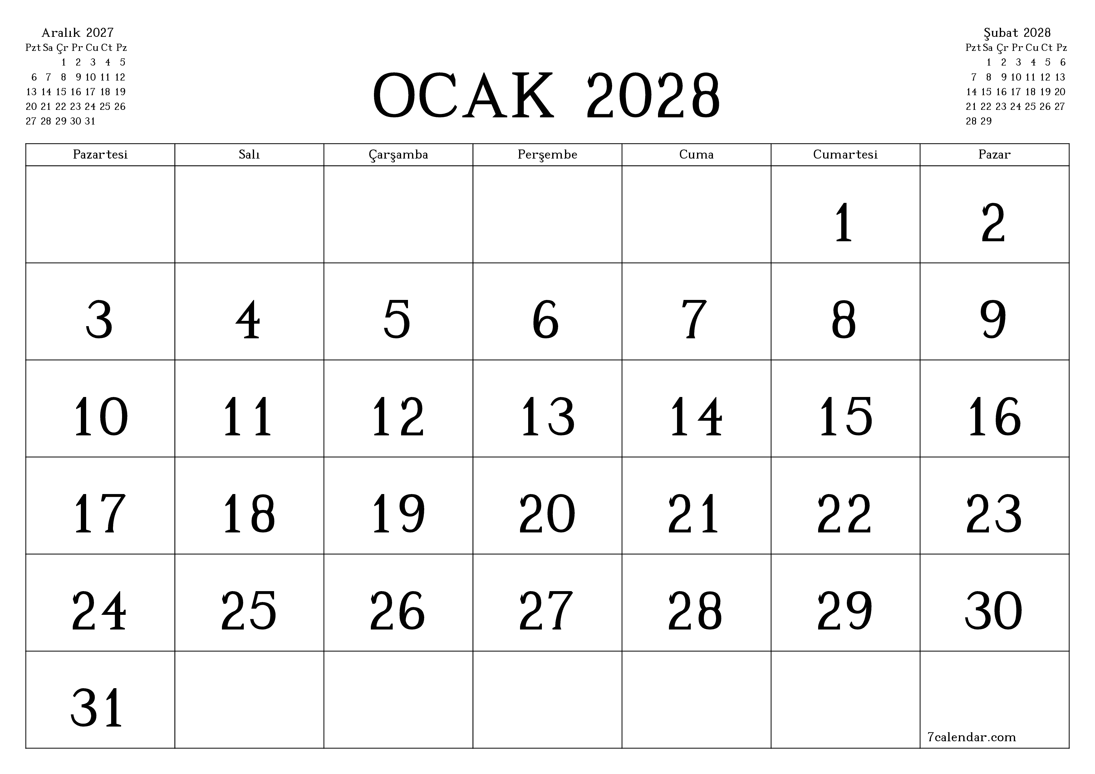 Ocak 2028 ayı için notlarla birlikte boş aylık planlayıcı, kaydedin ve PDF'ye yazdırın PNG Turkish
