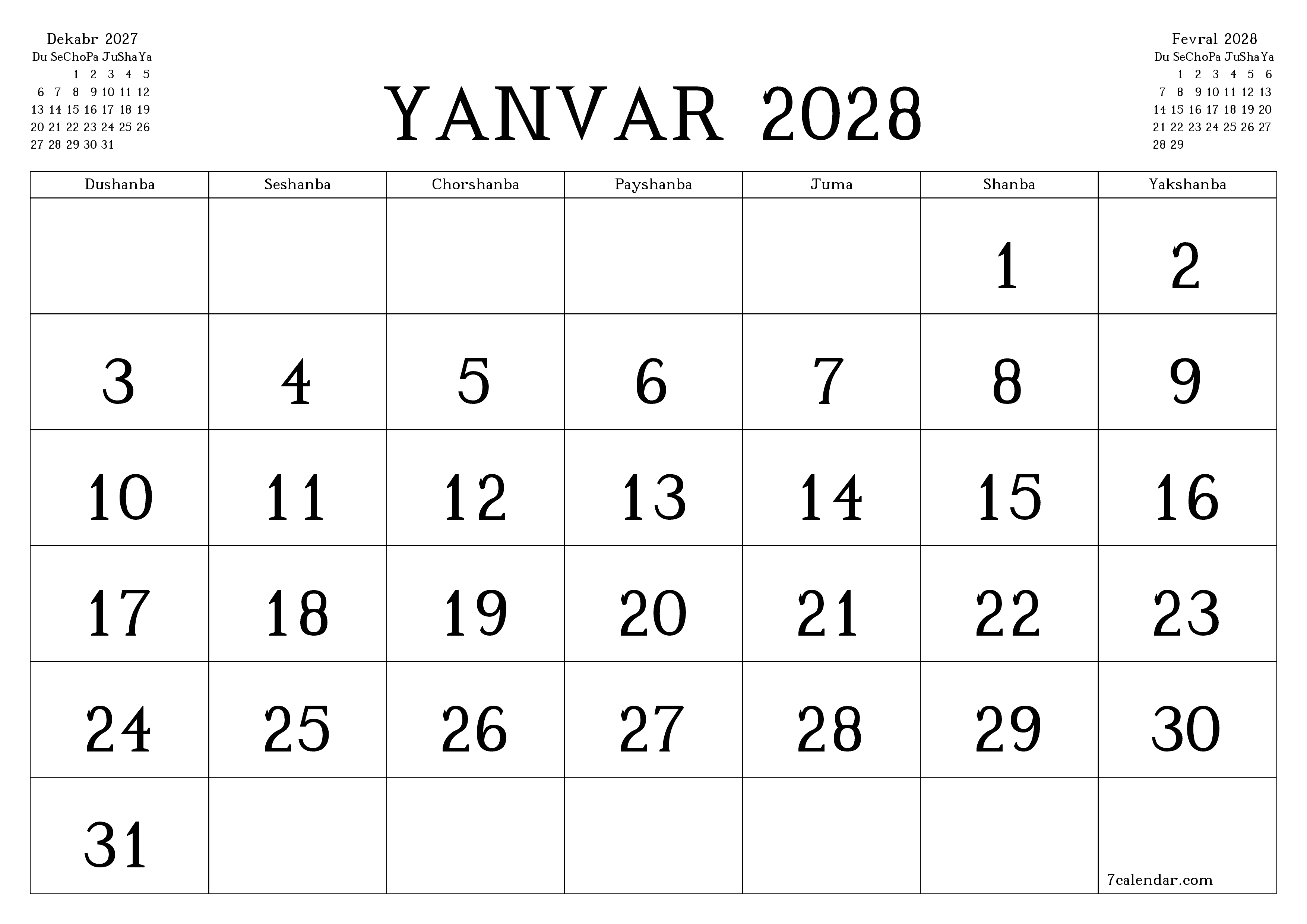 Yanvar 2028 oylik oylik rejalashtiruvchini yozuvlar bilan bo'shatish, saqlash va PDF-ga chop etish PNG Uzbek