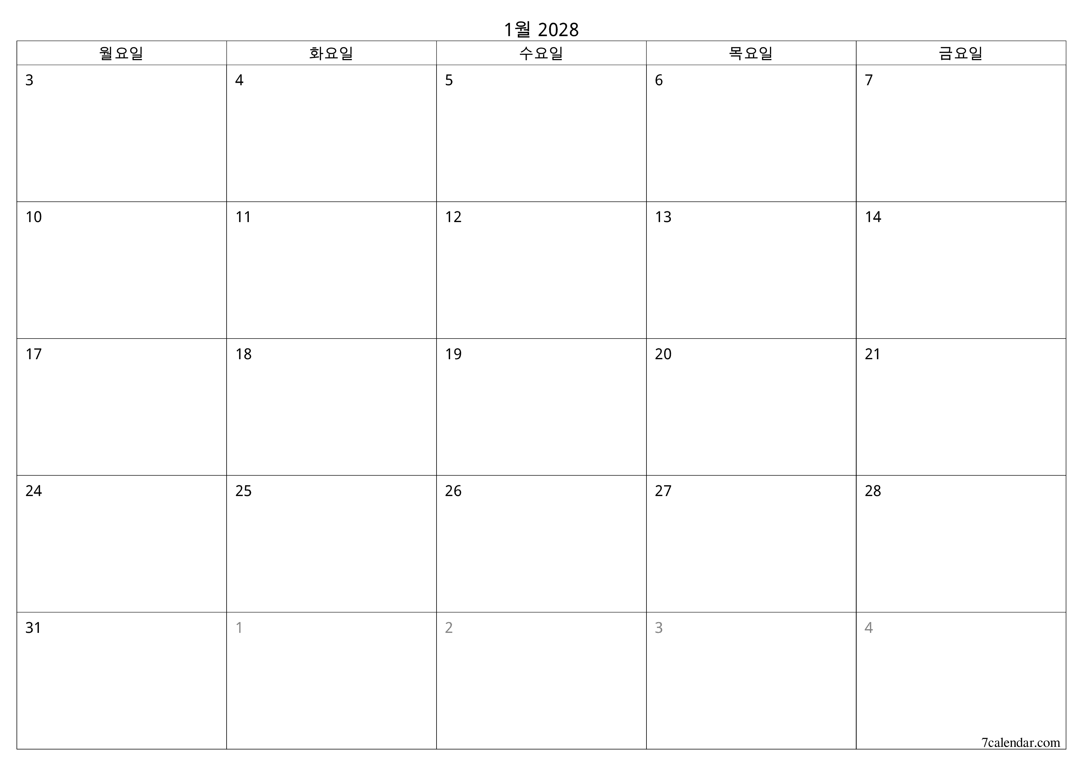 메모가있는 1월 2028 월의 월간 플래너 비우기, PDF PNG Korean-7calendar.com으로 저장 및 인쇄