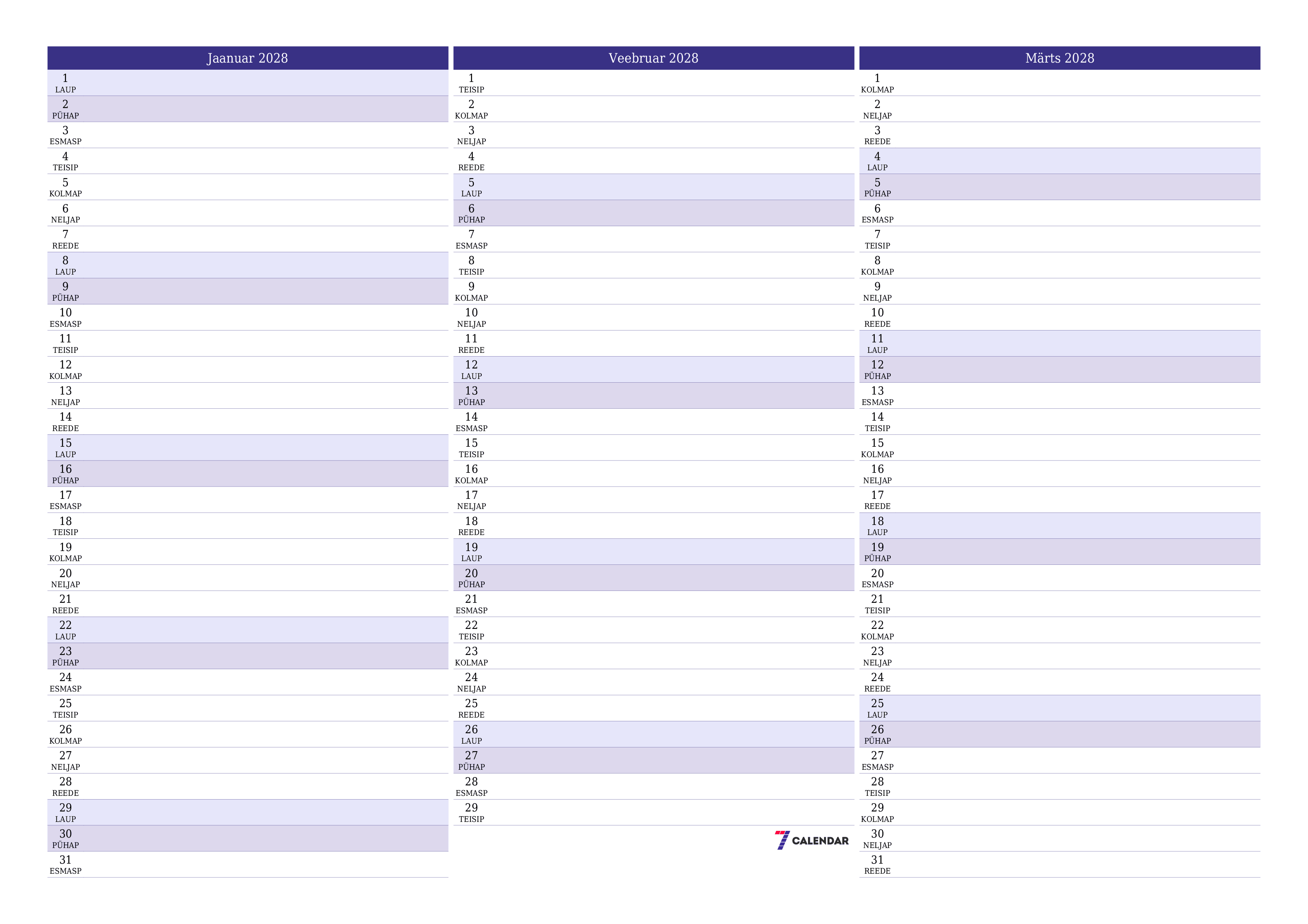 Tühjendage kuu Jaanuar 2028 kuuplaneerija märkmetega, salvestage ja printige PDF-i PNG Estonian