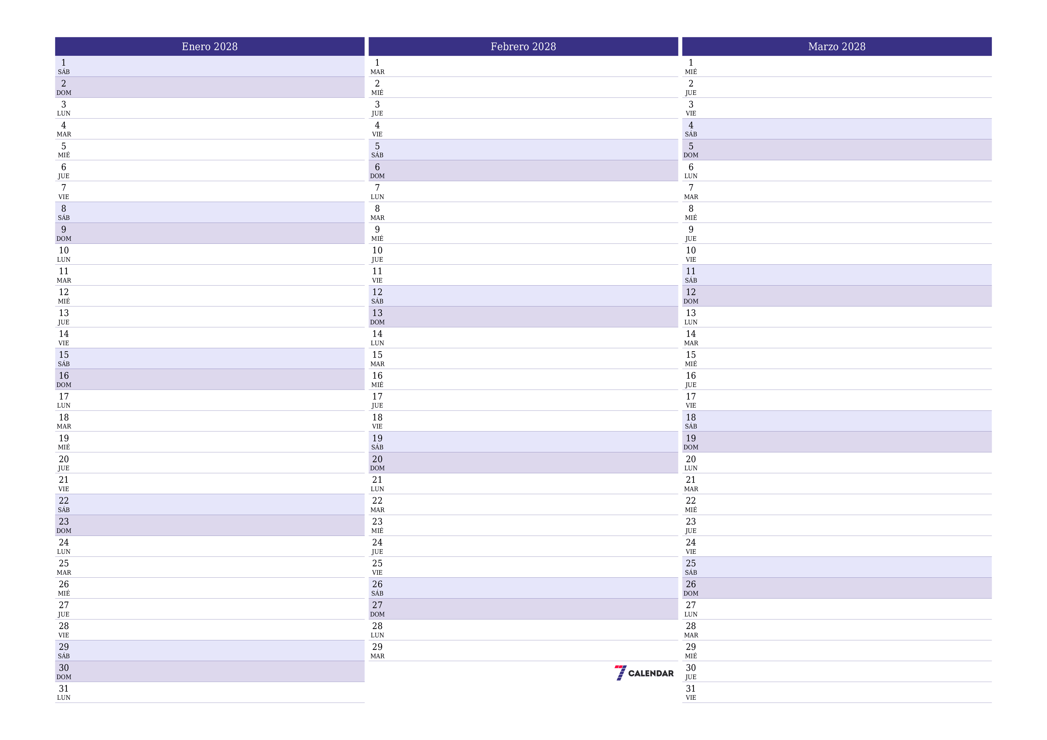 Planificador mensual vacío para el mes Enero 2028 con notas, guardar e imprimir en PDF PNG Spanish