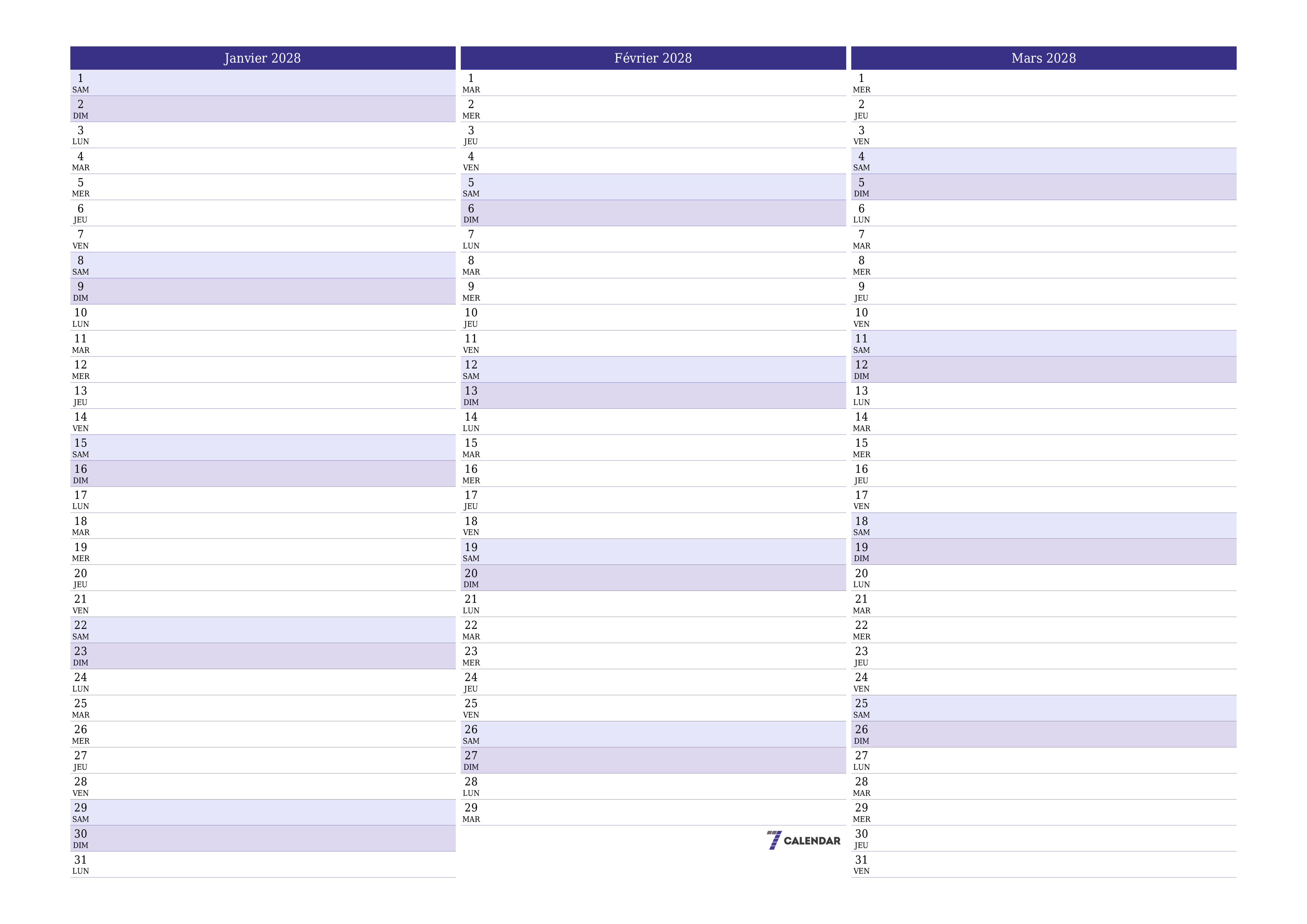 Agenda mensuel vide pour le mois Janvier 2028 avec notes, enregistrez et imprimez au format PDF PNG French