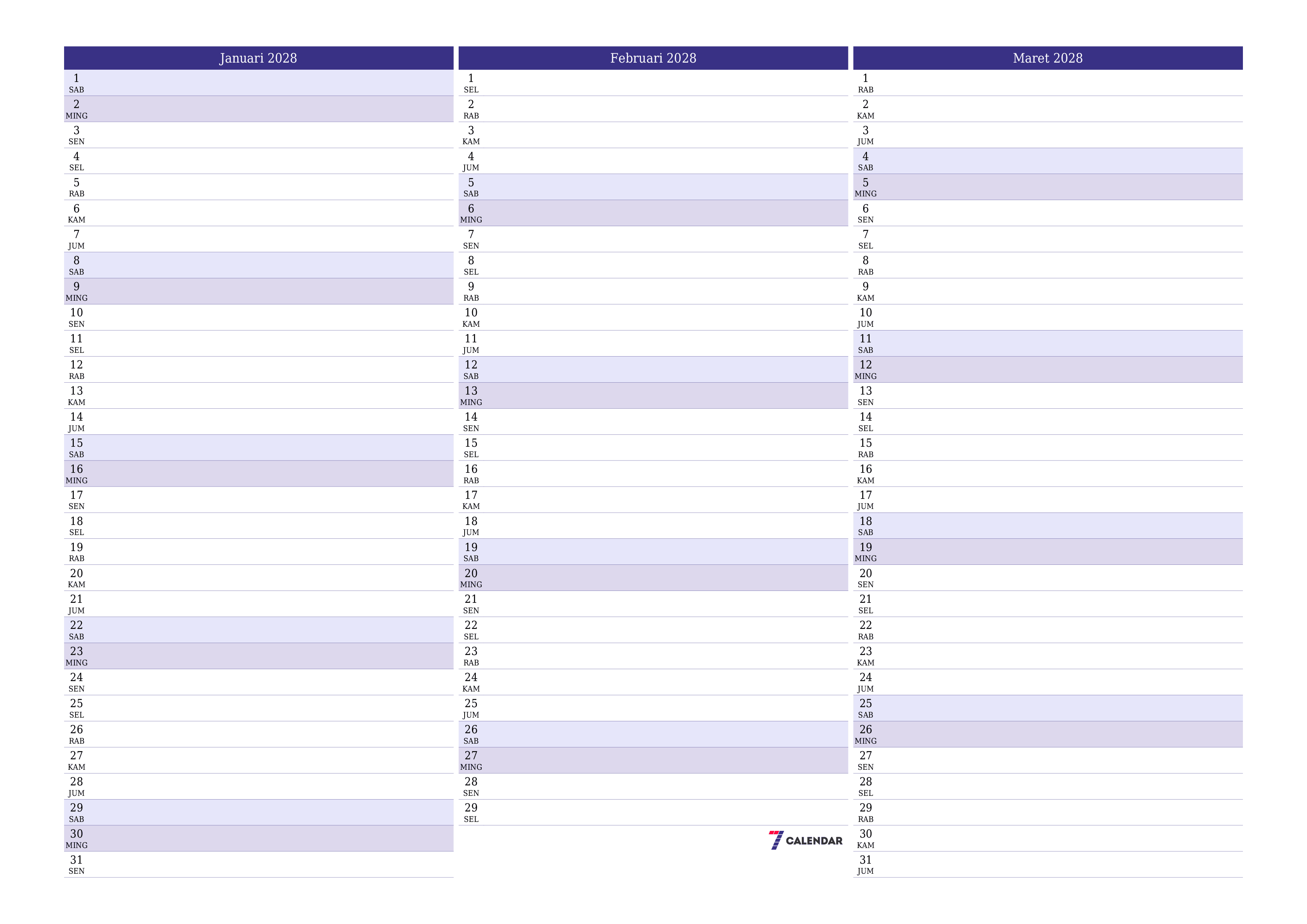 Kosongkan agenda bulanan untuk bulan Januari 2028 dengan catatan, simpan dan cetak ke PDF PNG Indonesian