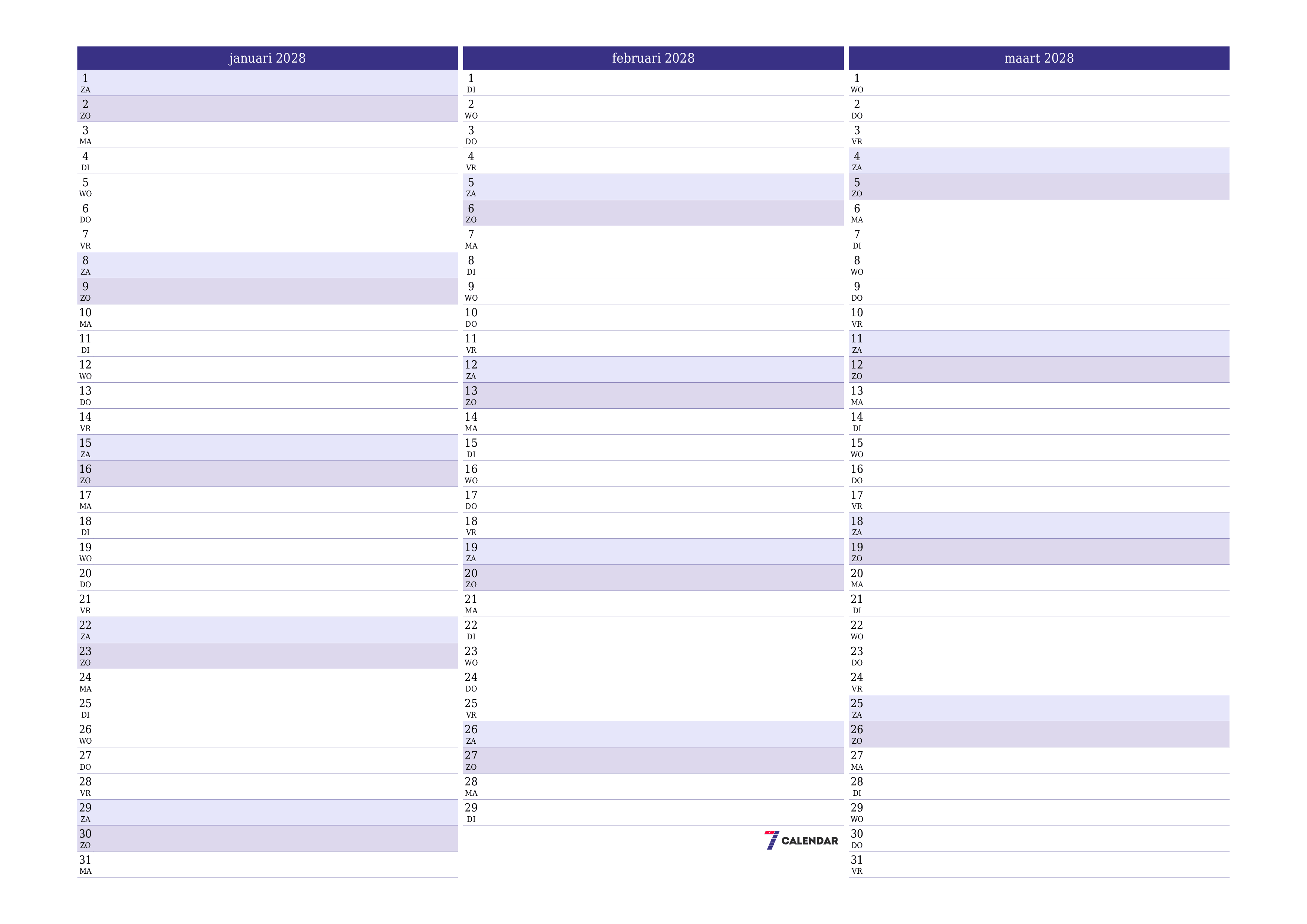 Lege maandplanner voor maand januari 2028 met notities, opslaan en afdrukken naar pdf PNG Dutch