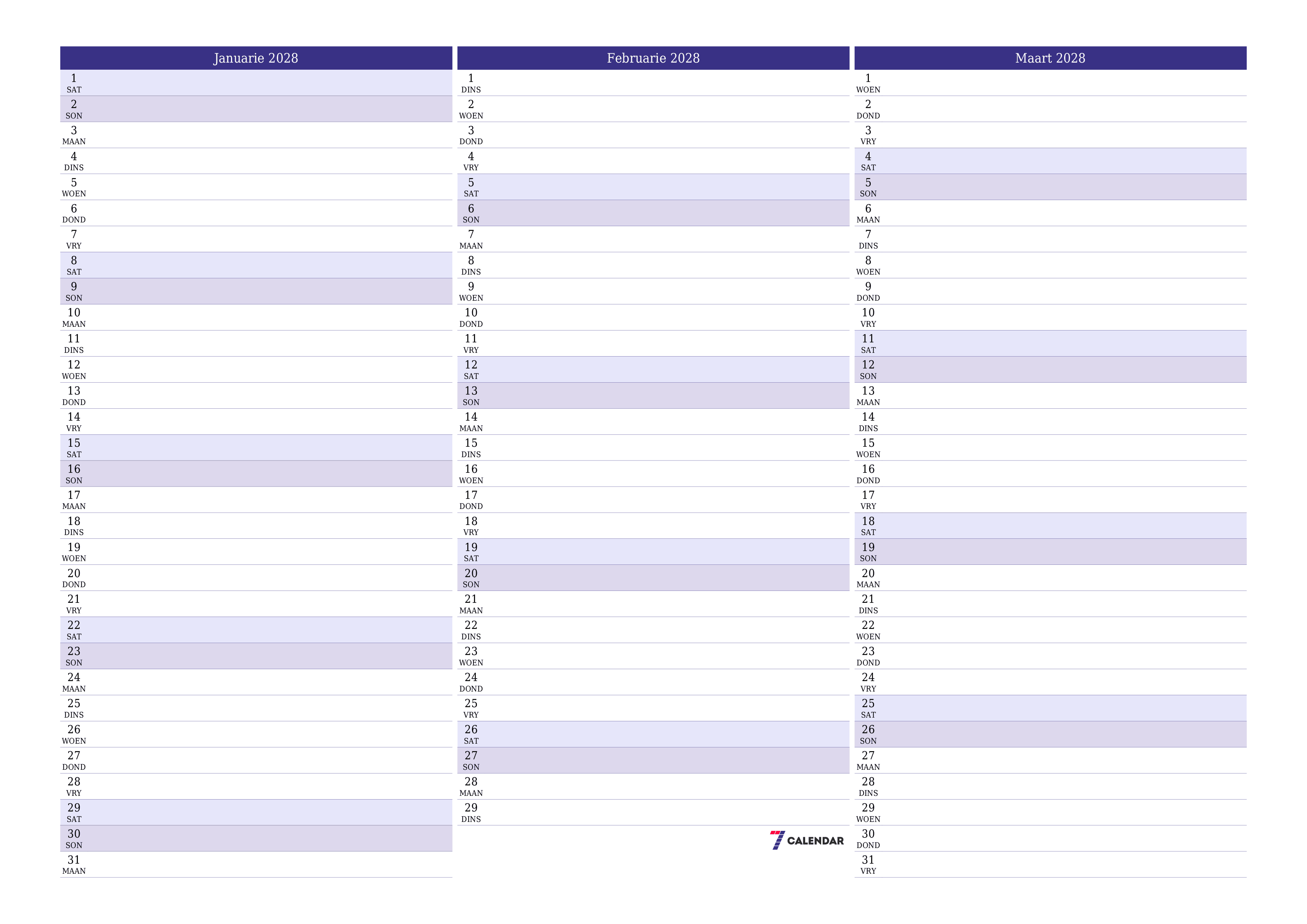 Leë maandelikse drukbare kalender en beplanner vir maand Januarie 2028 met notas stoor en druk na PDF PNG Afrikaans
