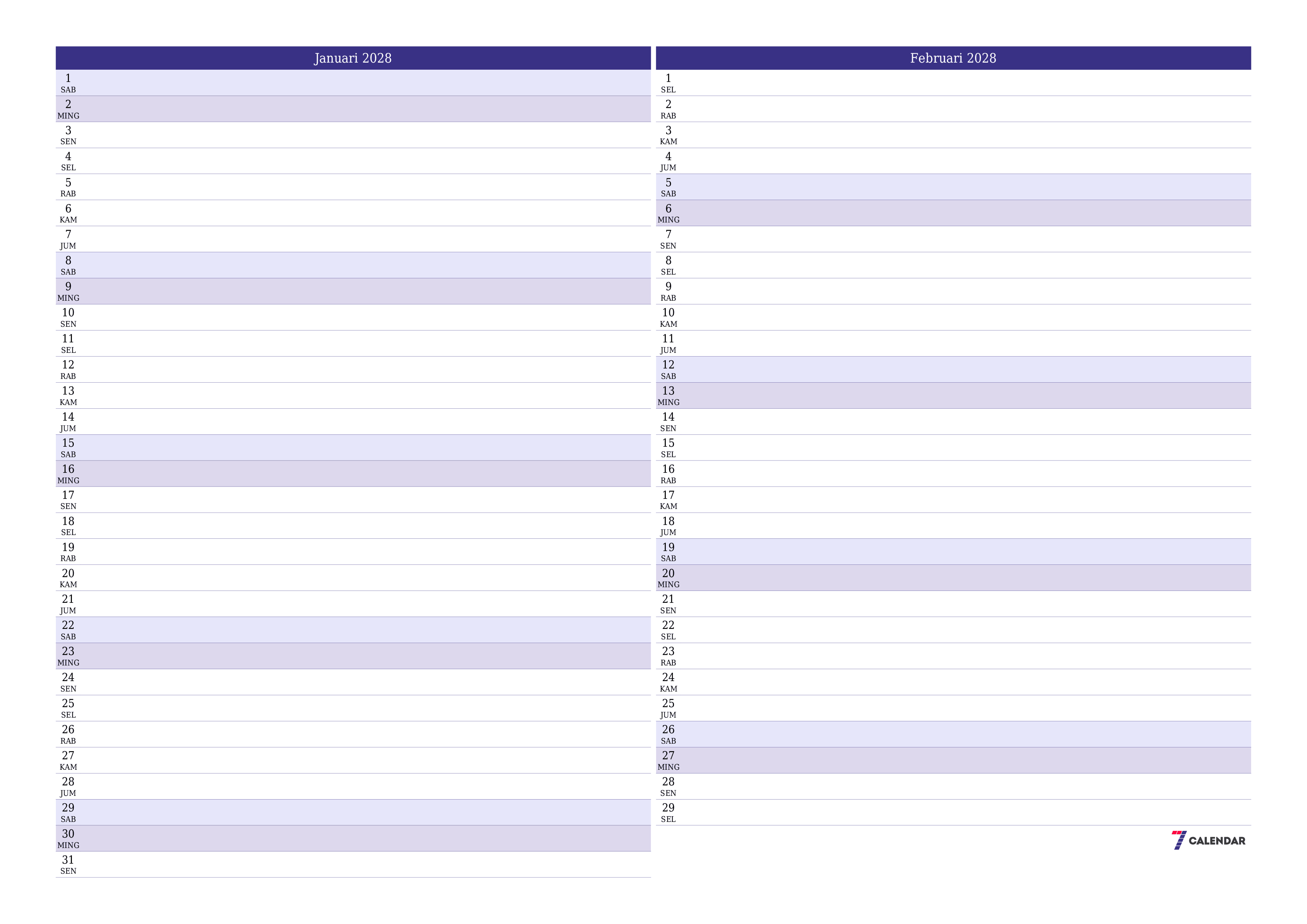 Kosongkan agenda bulanan untuk bulan Januari 2028 dengan catatan, simpan dan cetak ke PDF PNG Indonesian