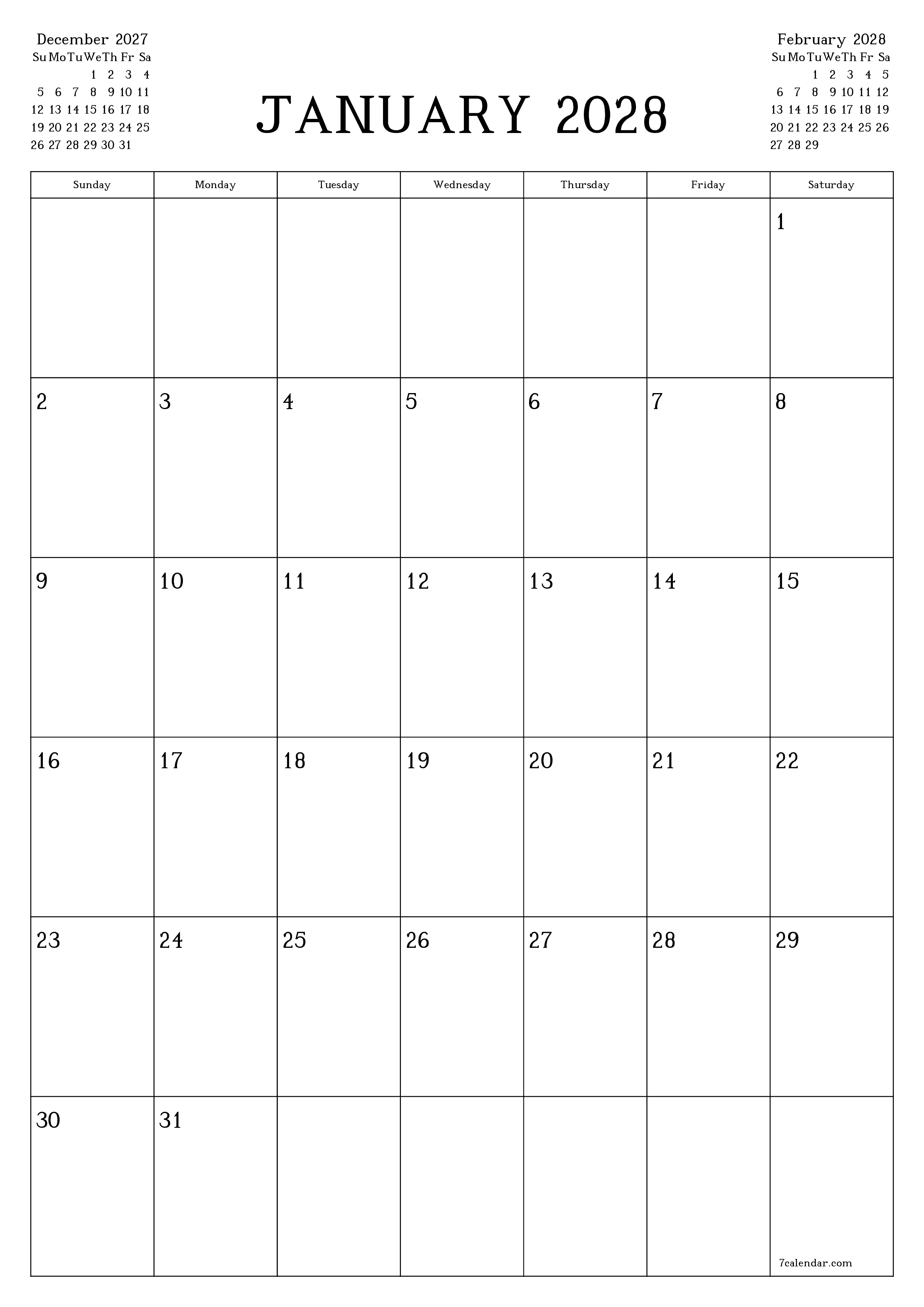 Blank calendar January 2028