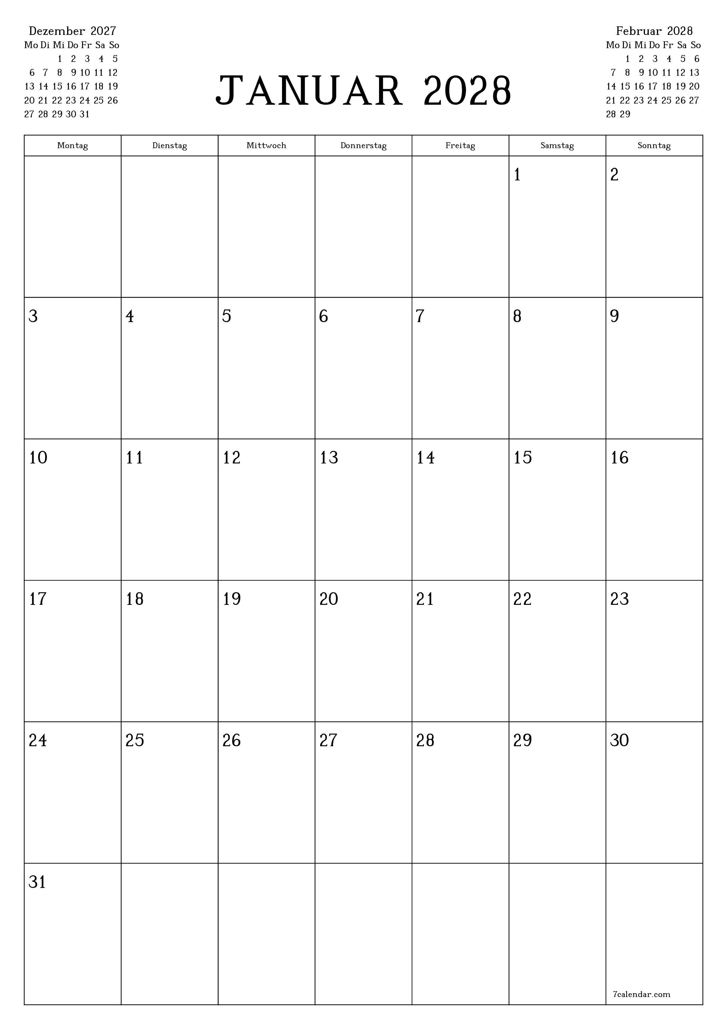 Monatsplaner für Monat Januar 2028 mit Notizen leeren, speichern und als PDF PNG German - 7calendar.com drucken
