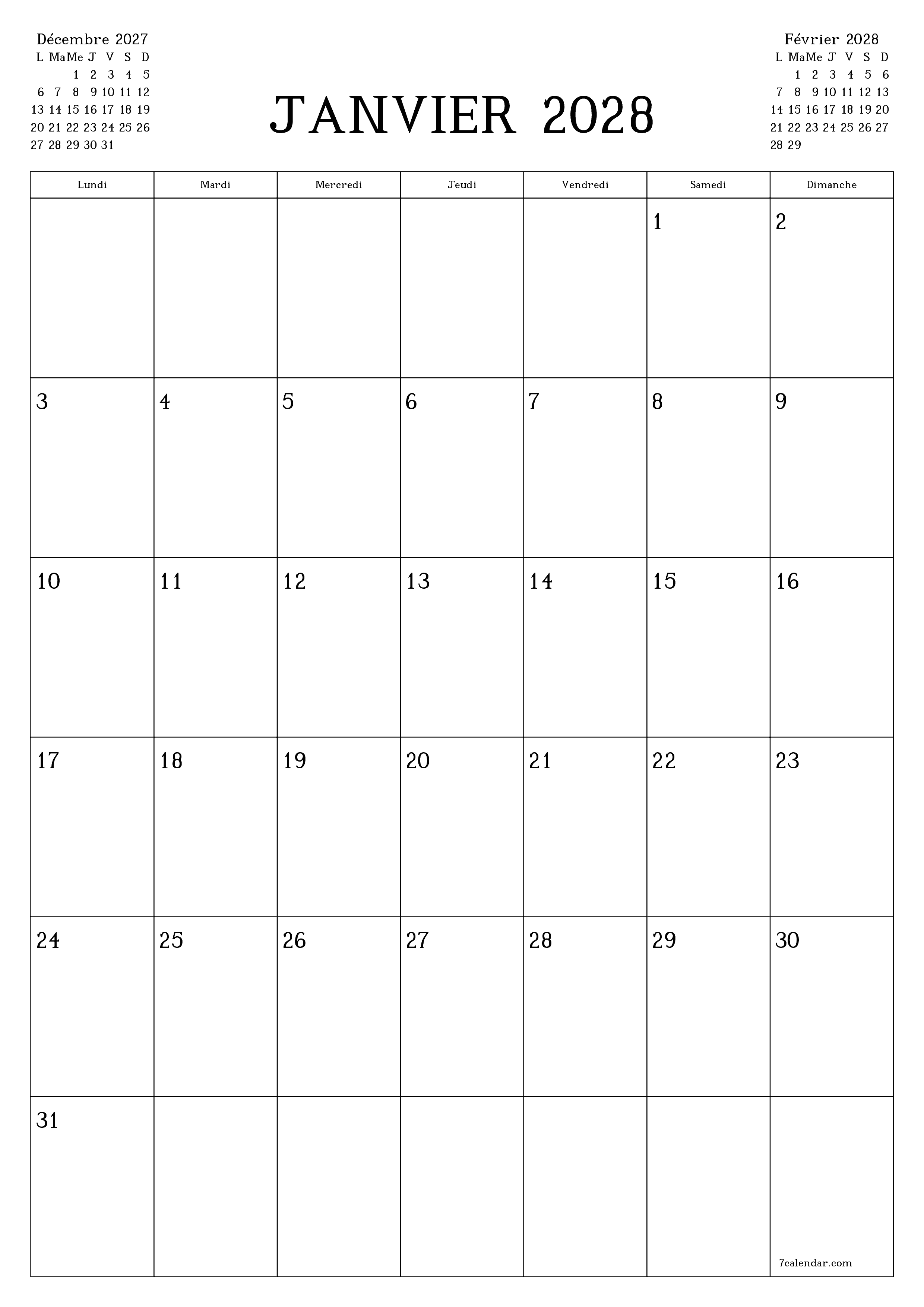 Agenda mensuel vide pour le mois Janvier 2028 avec notes, enregistrez et imprimez au format PDF PNG French