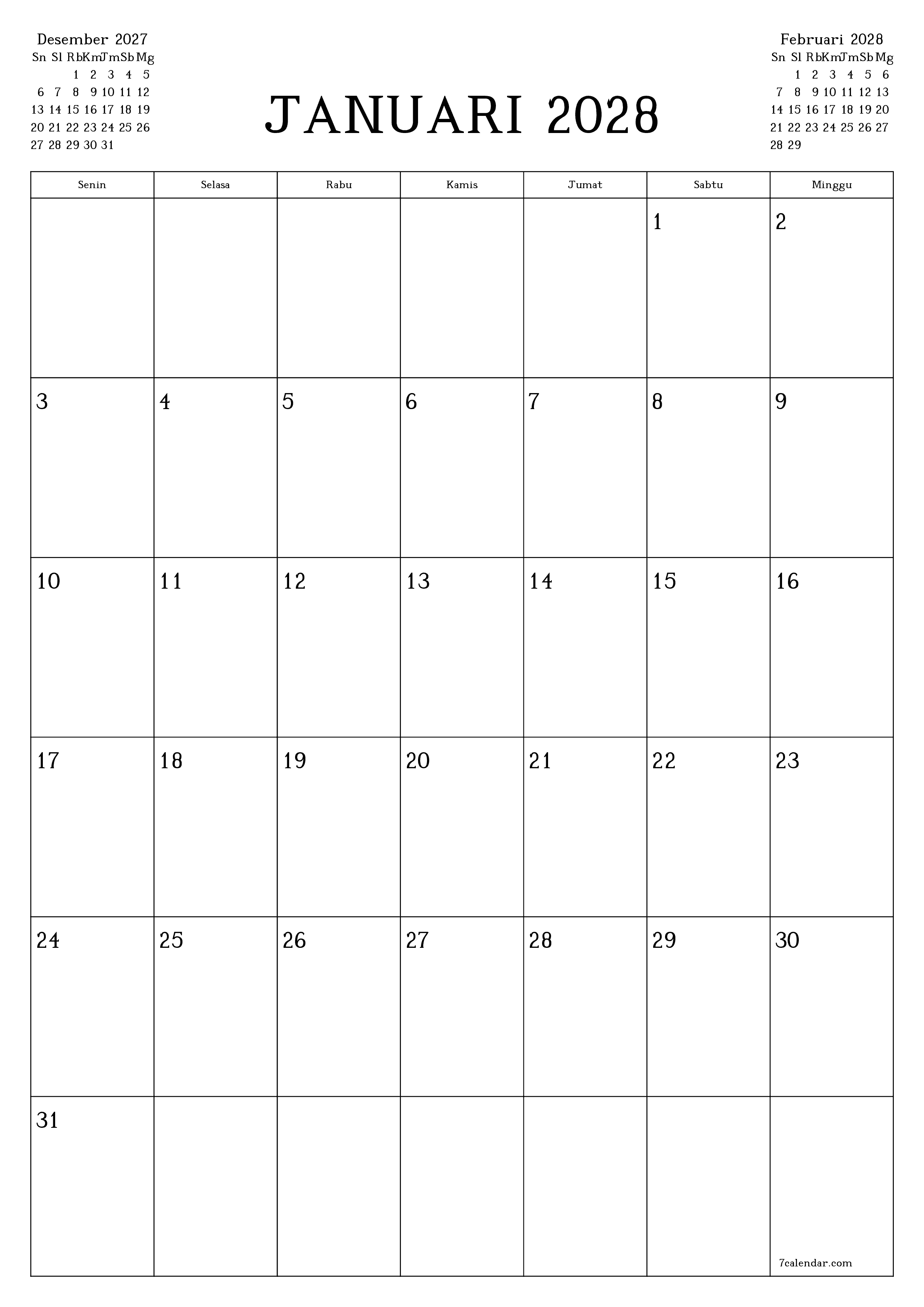 Kosongkan agenda bulanan untuk bulan Januari 2028 dengan catatan, simpan dan cetak ke PDF PNG Indonesian