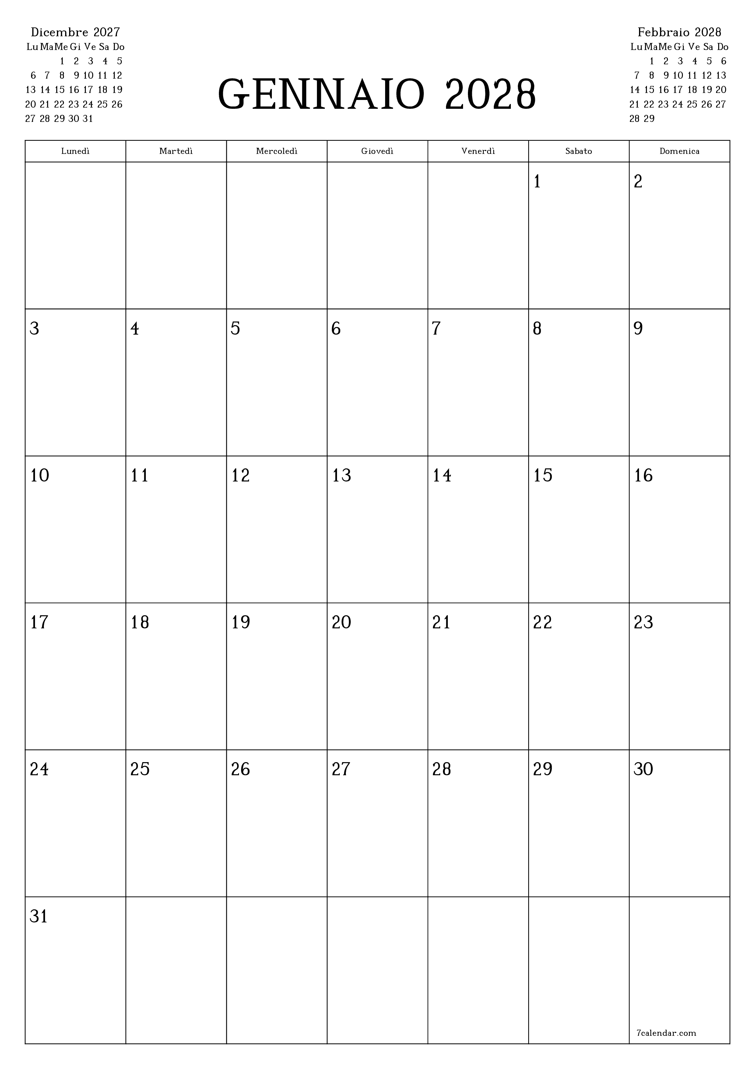 Pianificatore mensile vuoto per il mese Gennaio 2028 con note, salva e stampa in PDF PNG Italian