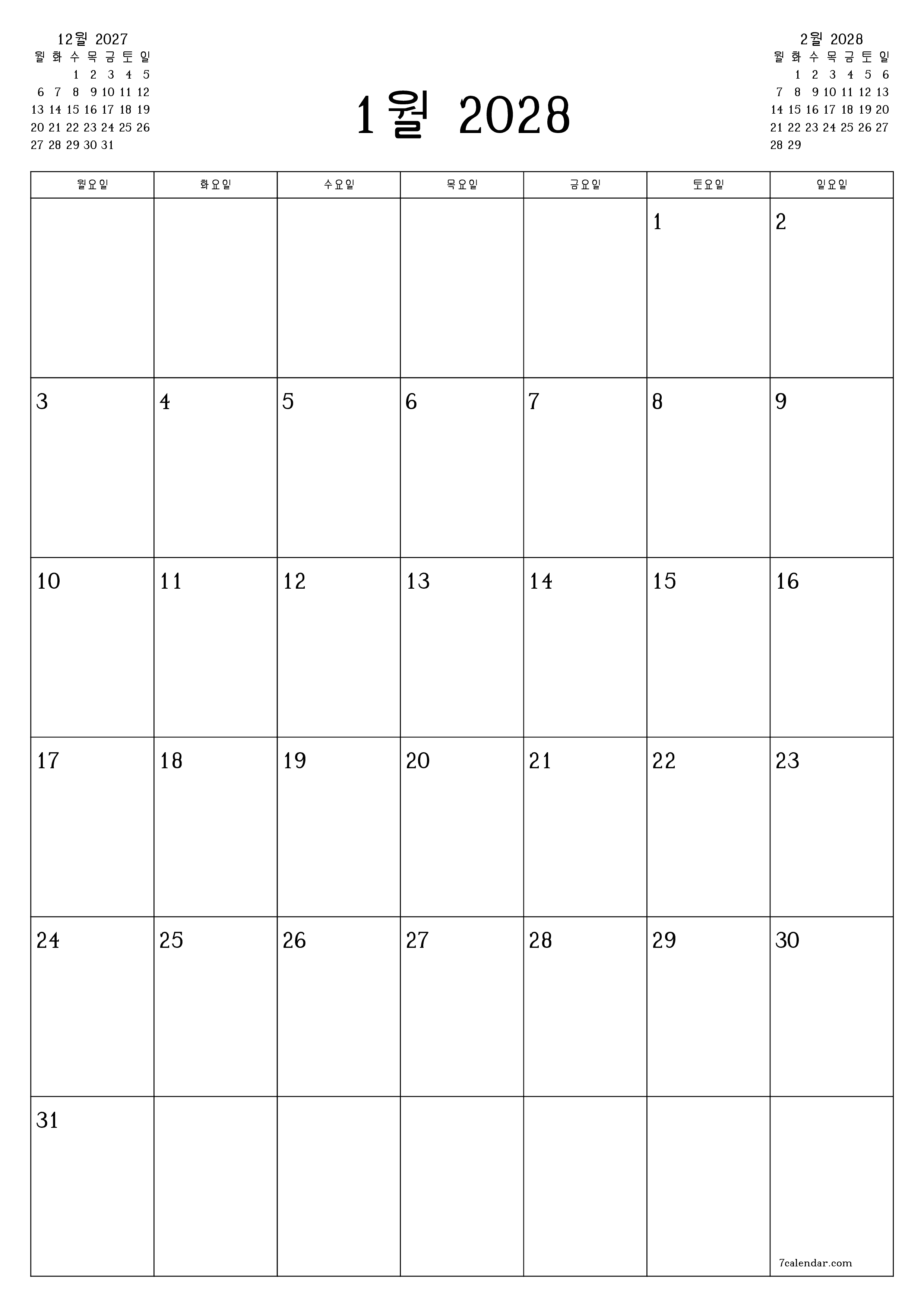 메모가있는 1월 2028 월의 월간 플래너 비우기, PDF PNG Korean-7calendar.com으로 저장 및 인쇄