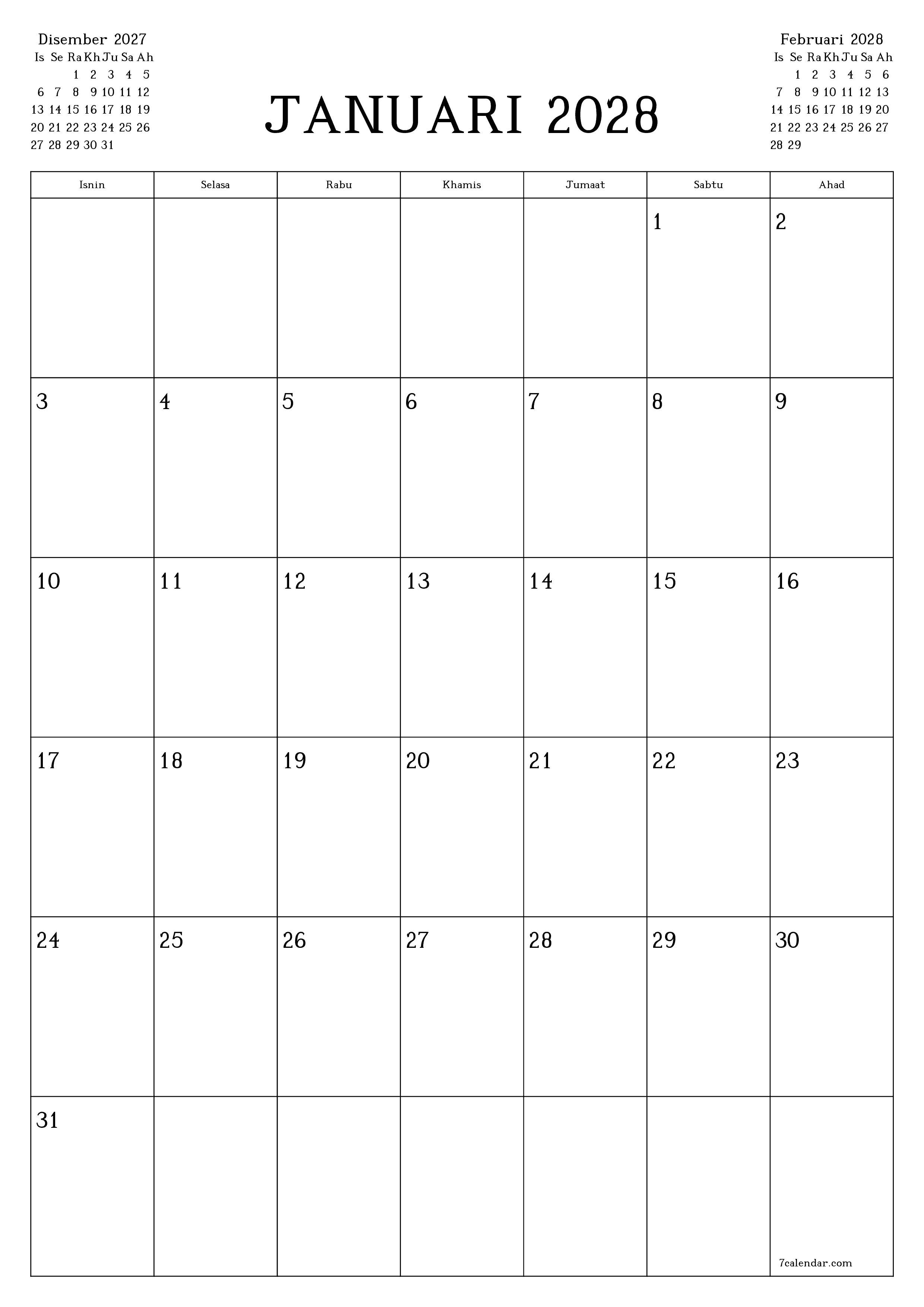 Perancang bulanan kosong untuk bulan Januari 2028 dengan nota, simpan dan cetak ke PDF PNG Malay