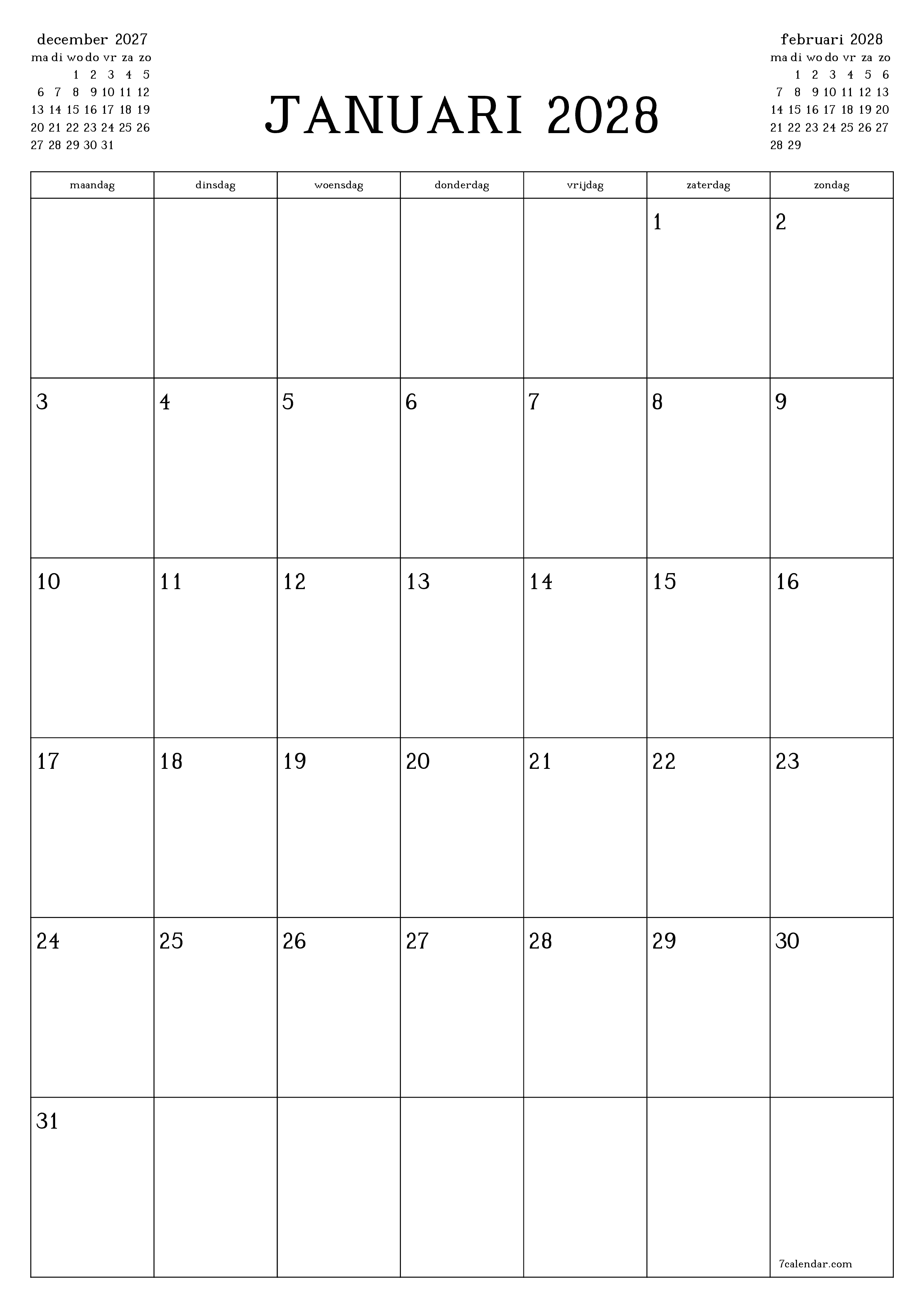 Lege maandplanner voor maand januari 2028 met notities, opslaan en afdrukken naar pdf PNG Dutch