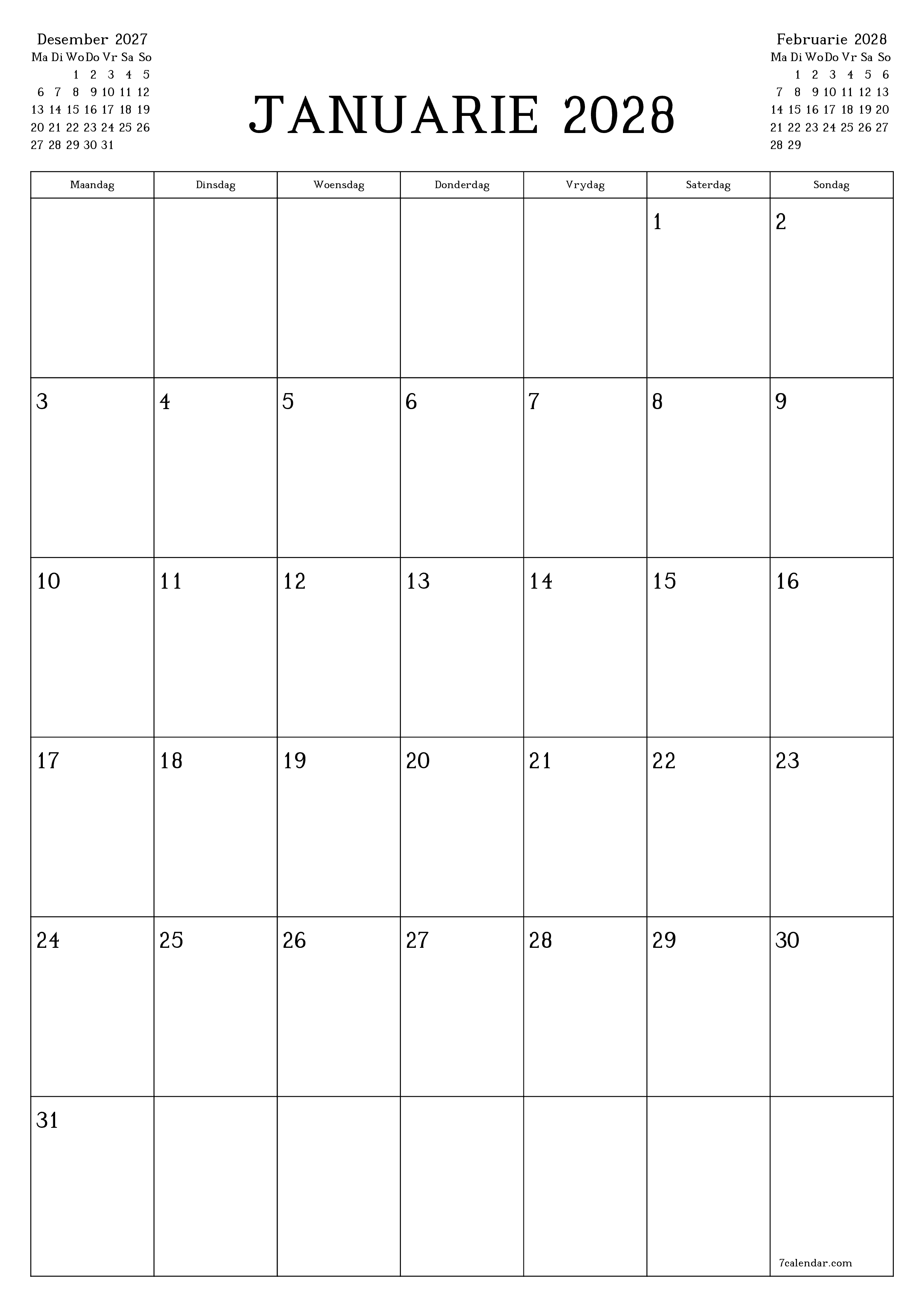 Leë maandelikse drukbare kalender en beplanner vir maand Januarie 2028 met notas stoor en druk na PDF PNG Afrikaans