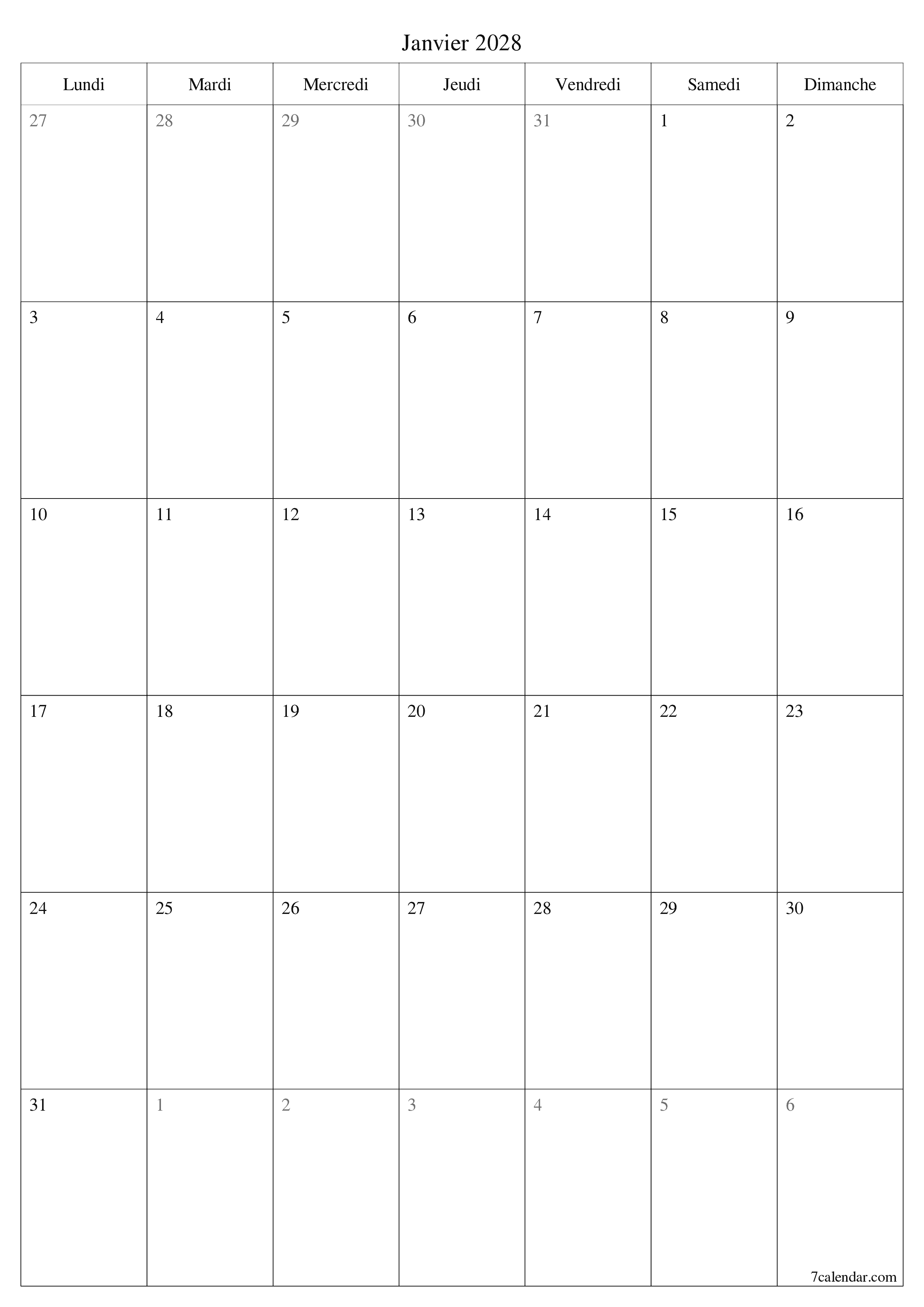 Agenda mensuel vide pour le mois Janvier 2028 avec notes, enregistrez et imprimez au format PDF PNG French