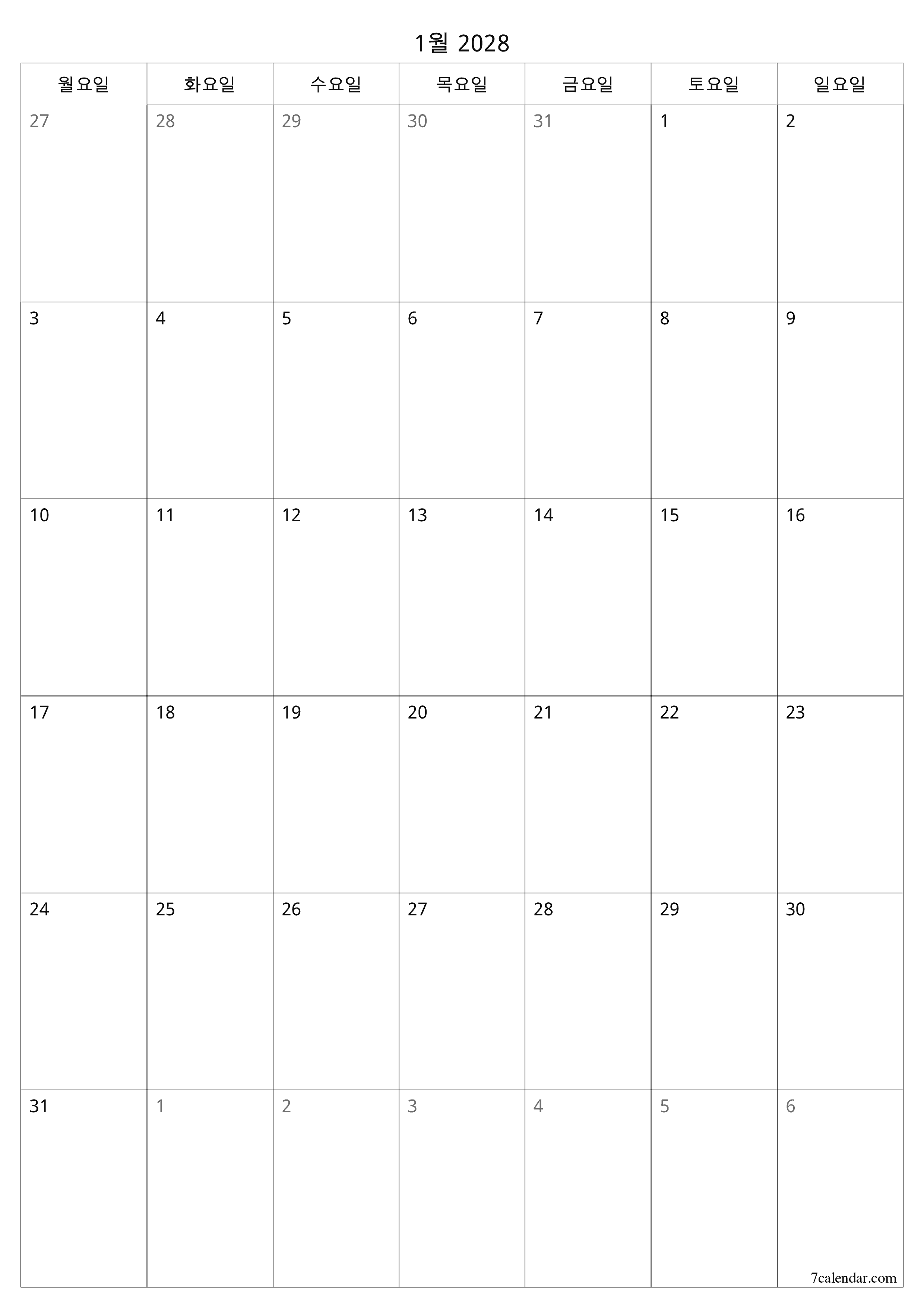 메모가있는 1월 2028 월의 월간 플래너 비우기, PDF PNG Korean-7calendar.com으로 저장 및 인쇄