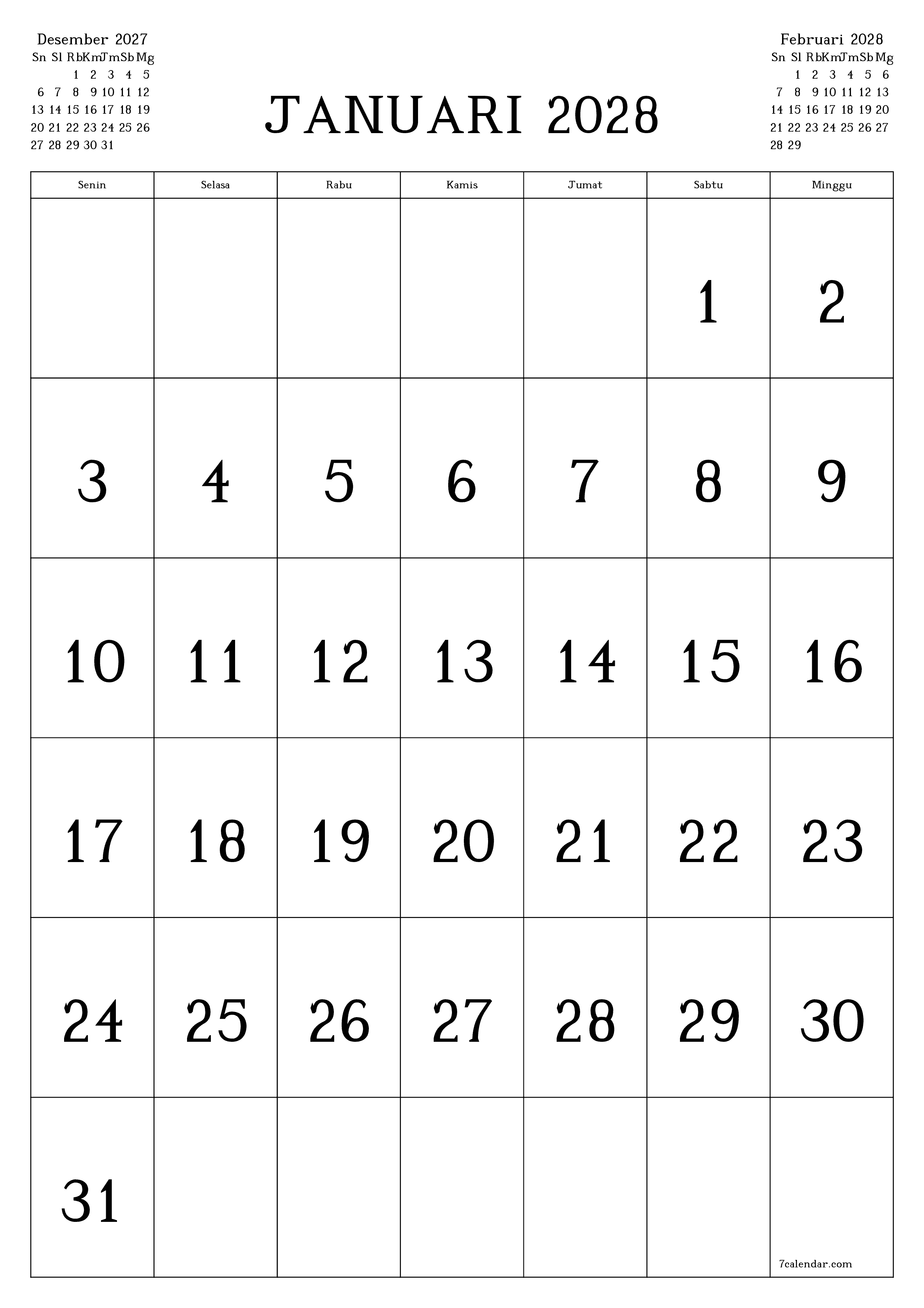 Kosongkan agenda bulanan untuk bulan Januari 2028 dengan catatan, simpan dan cetak ke PDF PNG Indonesian