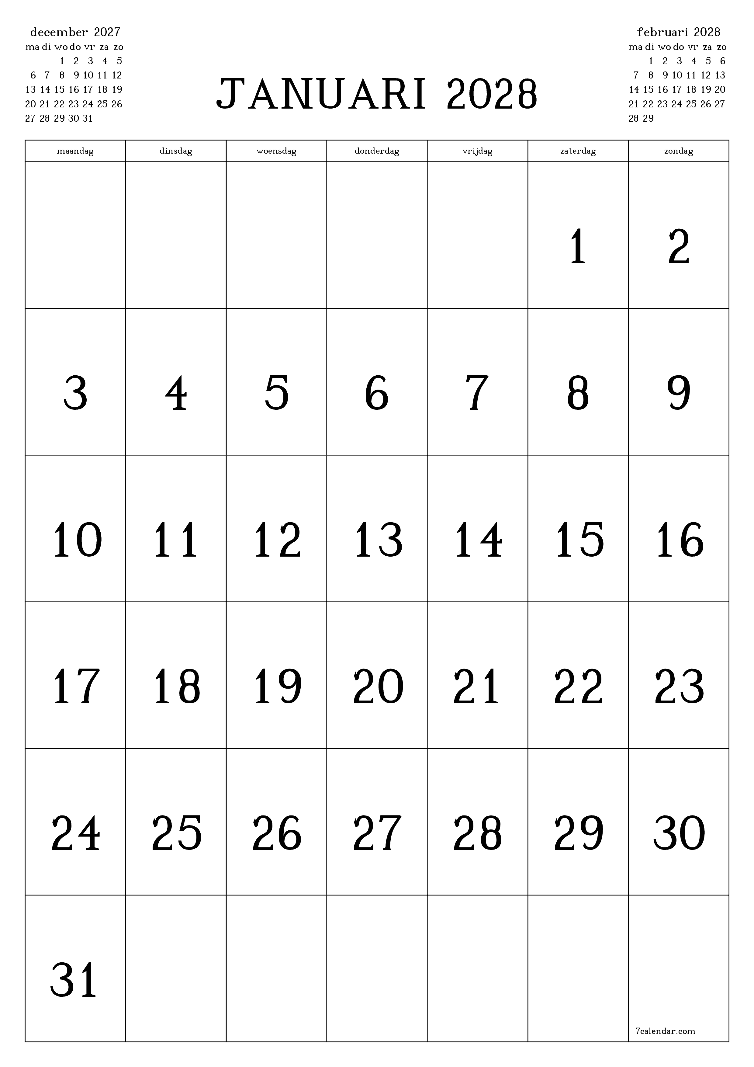 Lege maandplanner voor maand januari 2028 met notities, opslaan en afdrukken naar pdf PNG Dutch