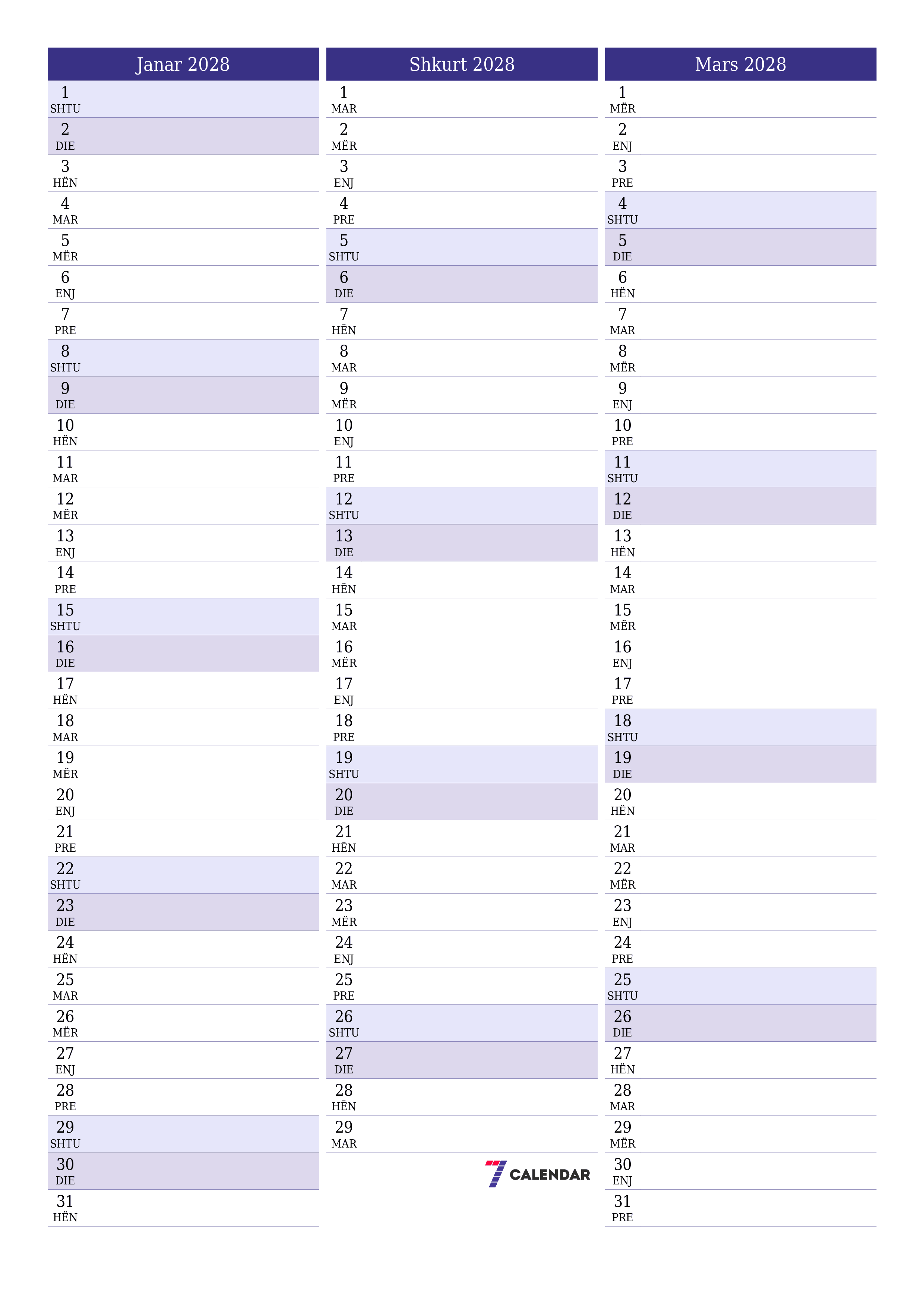 Planifikuesi i zbrazët i kalendarit mujor për muajin Janar 2028 me shënime të ruajtura dhe të printuara në PDF PNG Albanian