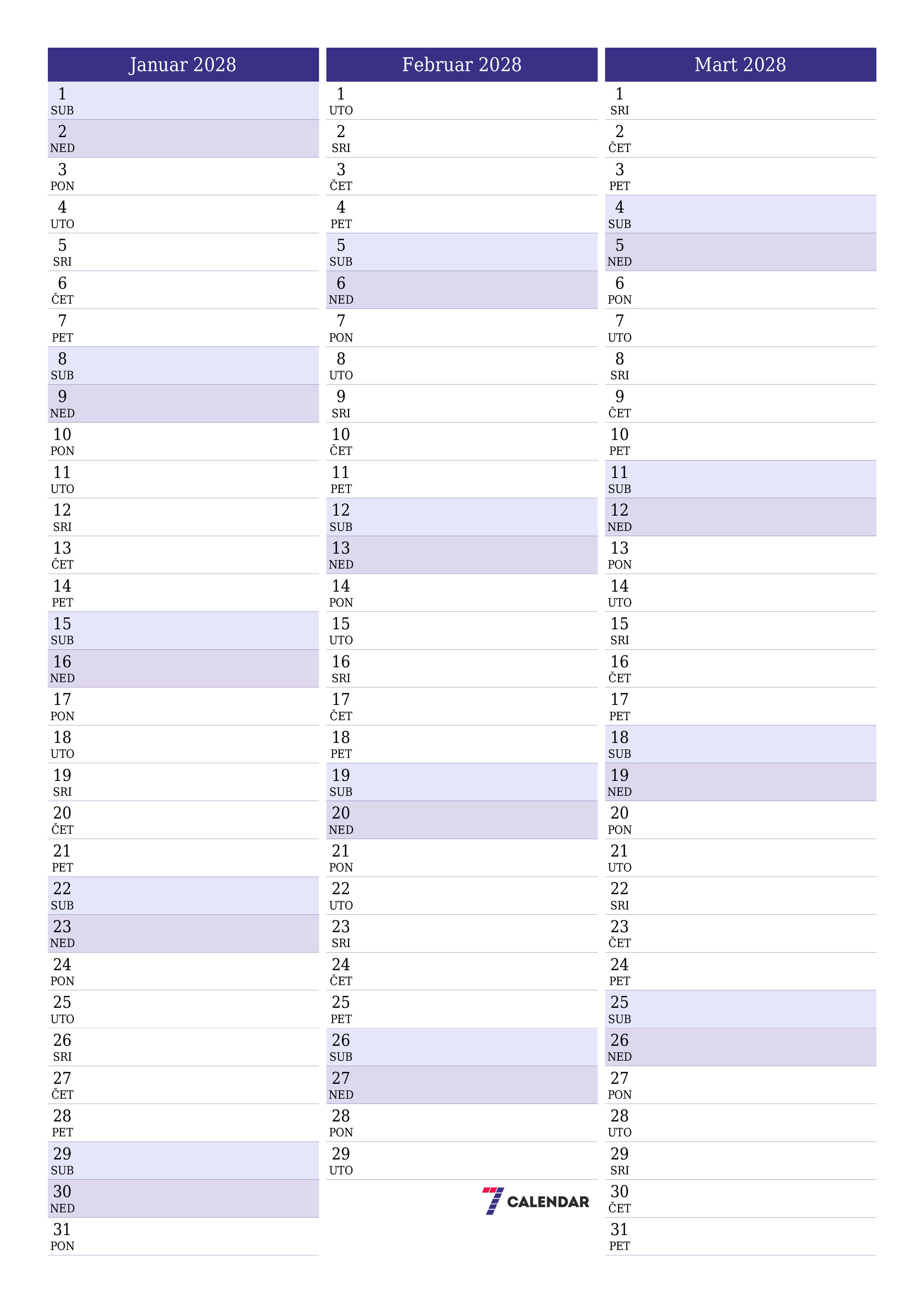 Ispraznite mjesečni planer za mjesec Januar 2028 s bilješkama, spremite i ispišite u PDF PNG Bosnian