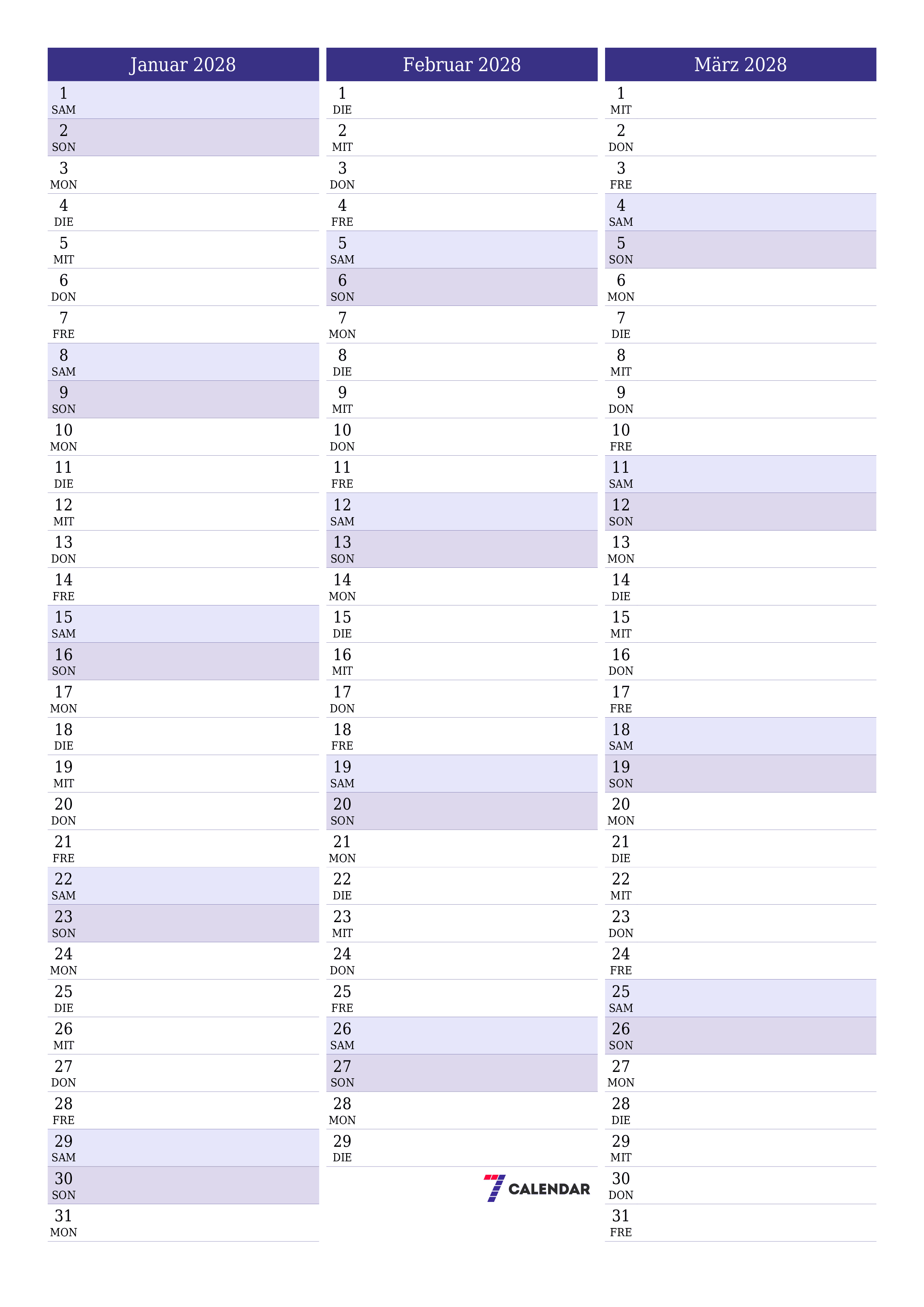 Monatsplaner für Monat Januar 2028 mit Notizen leeren, speichern und als PDF PNG German - 7calendar.com drucken