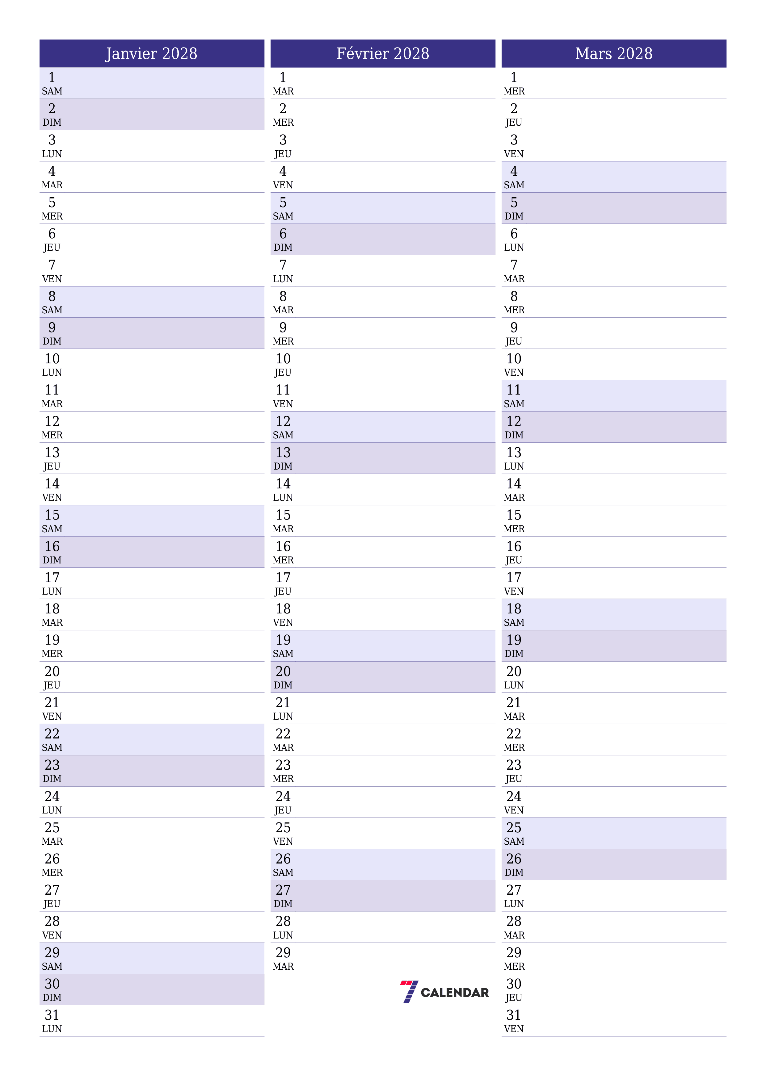 Agenda mensuel vide pour le mois Janvier 2028 avec notes, enregistrez et imprimez au format PDF PNG French