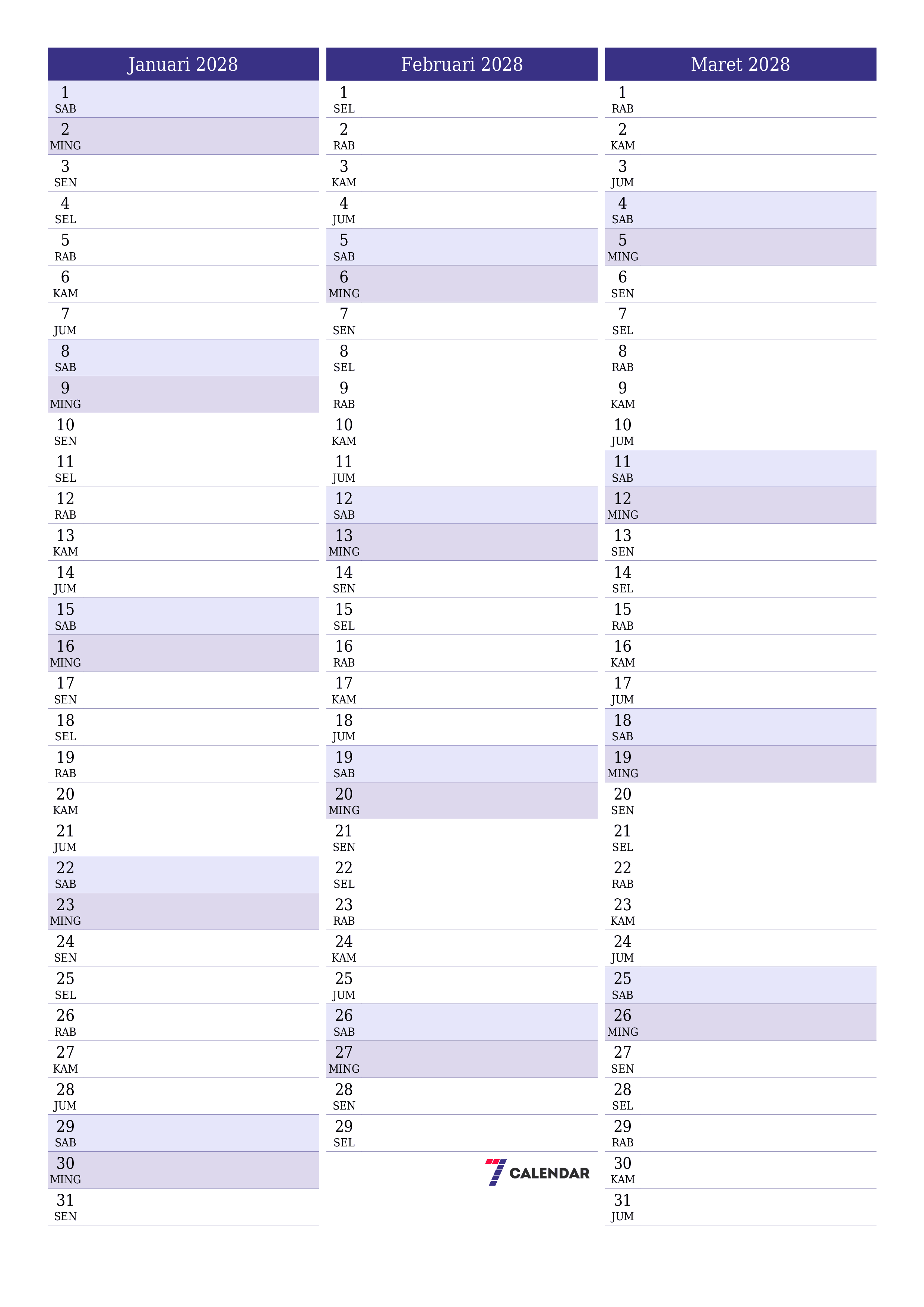 Kosongkan agenda bulanan untuk bulan Januari 2028 dengan catatan, simpan dan cetak ke PDF PNG Indonesian