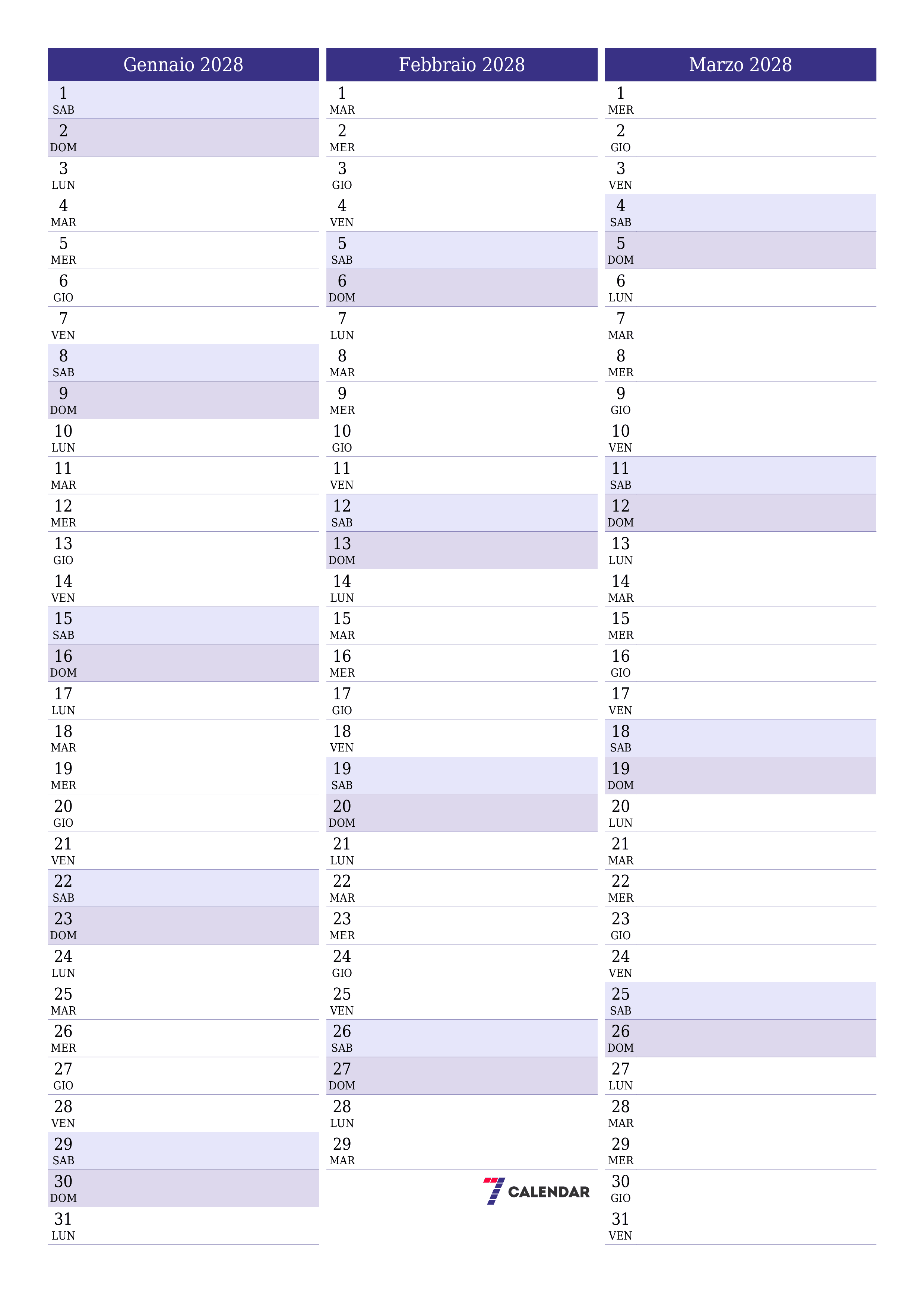 Pianificatore mensile vuoto per il mese Gennaio 2028 con note, salva e stampa in PDF PNG Italian