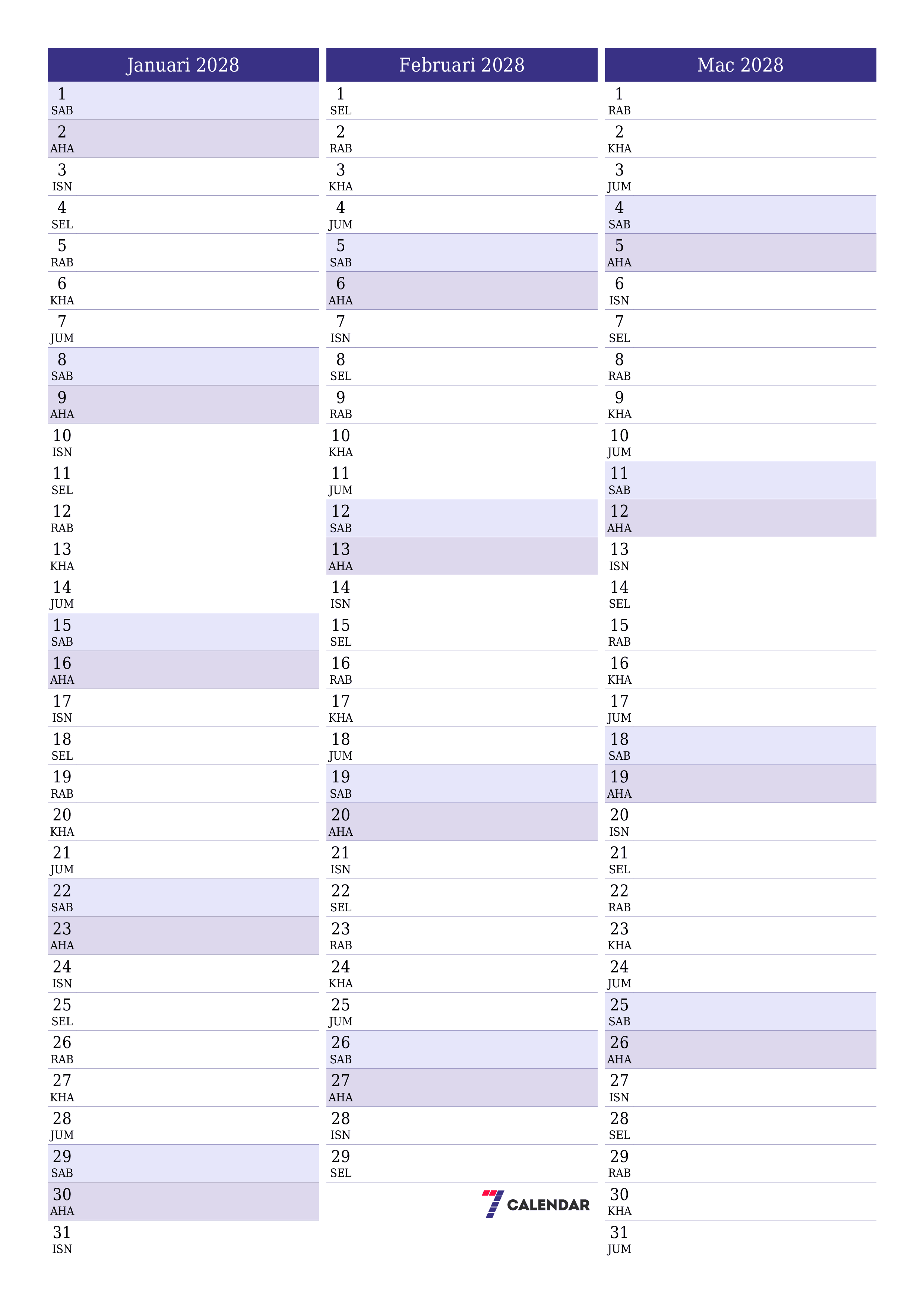 Perancang bulanan kosong untuk bulan Januari 2028 dengan nota, simpan dan cetak ke PDF PNG Malay