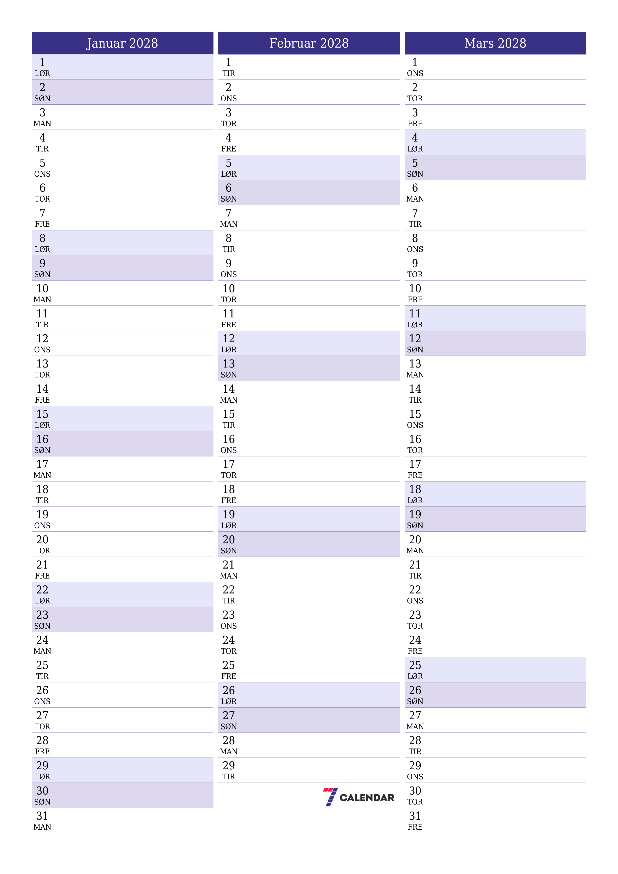 Tom månedlig planlegger for måned Januar 2028 med notater, lagre og skriv ut til PDF PNG Norwegian