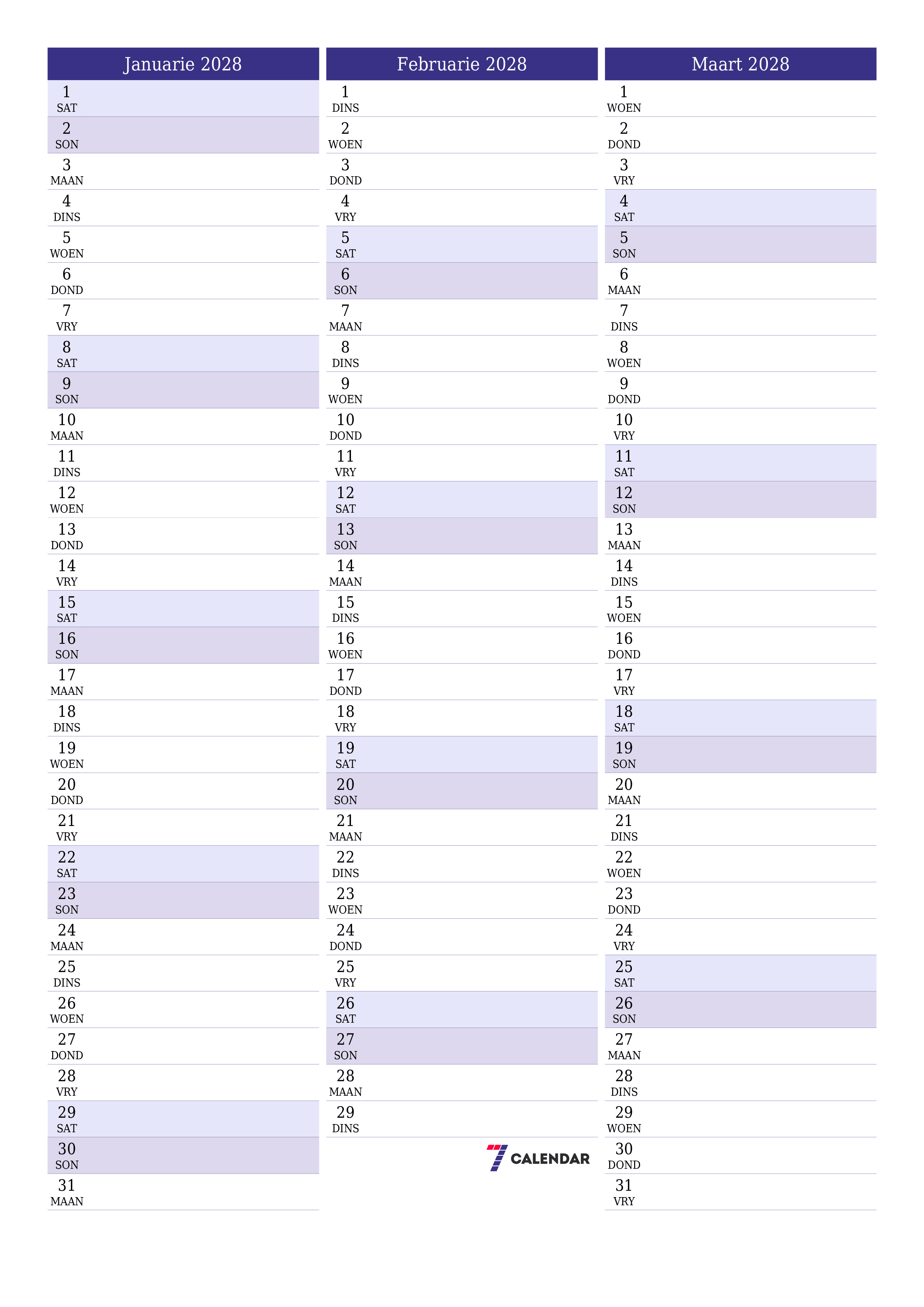 Leë maandelikse drukbare kalender en beplanner vir maand Januarie 2028 met notas stoor en druk na PDF PNG Afrikaans