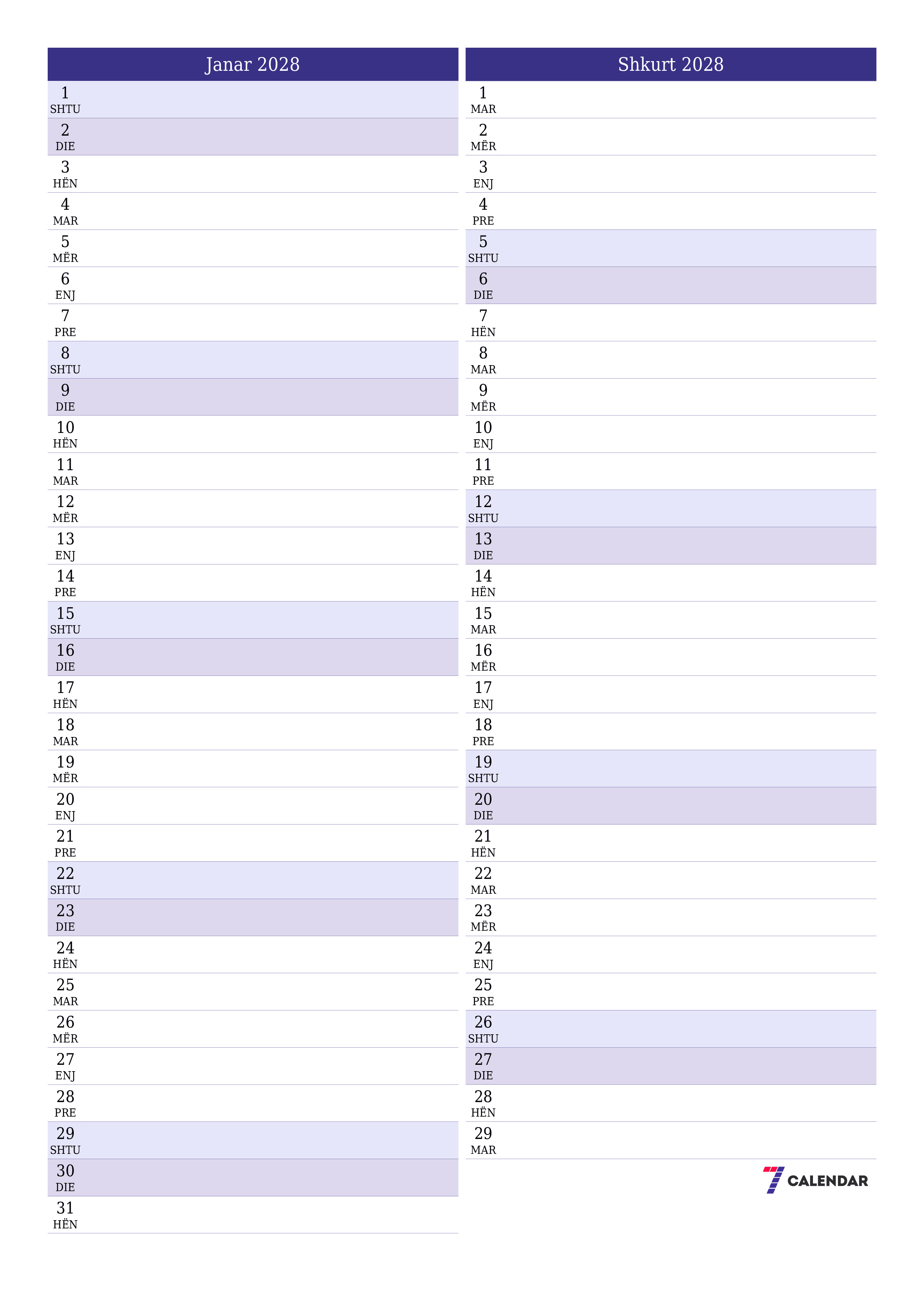 Planifikuesi i zbrazët i kalendarit mujor për muajin Janar 2028 me shënime të ruajtura dhe të printuara në PDF PNG Albanian