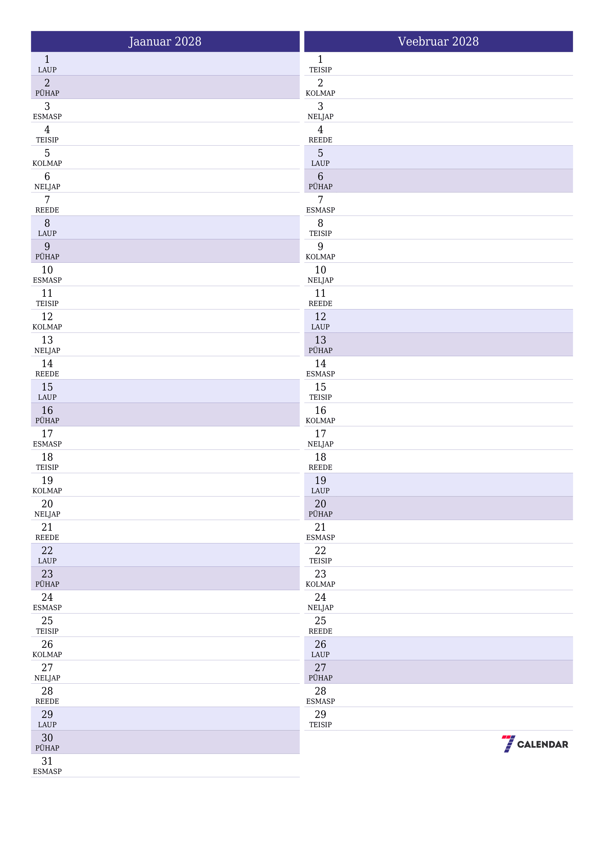 Tühjendage kuu Jaanuar 2028 kuuplaneerija märkmetega, salvestage ja printige PDF-i PNG Estonian