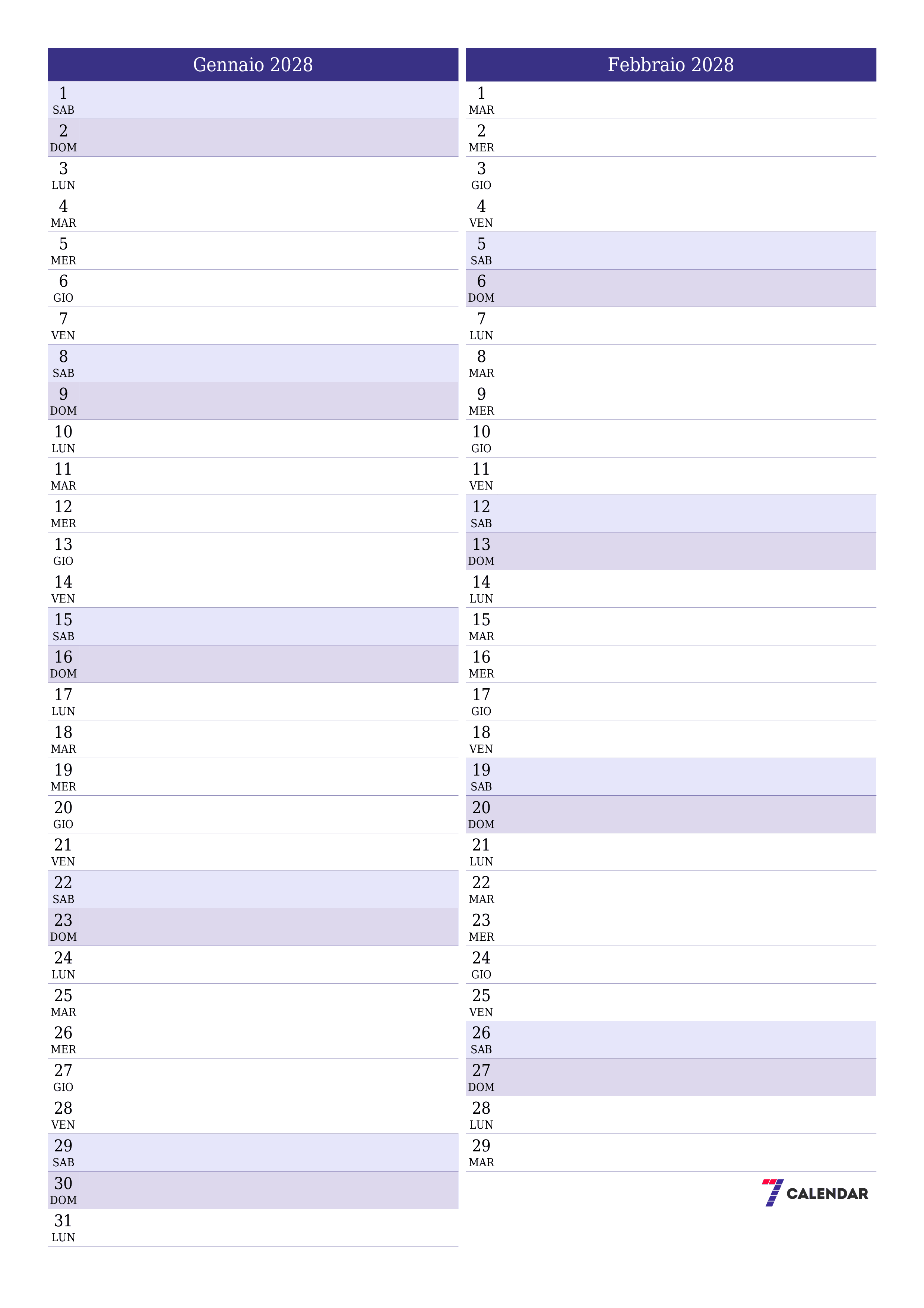 Pianificatore mensile vuoto per il mese Gennaio 2028 con note, salva e stampa in PDF PNG Italian