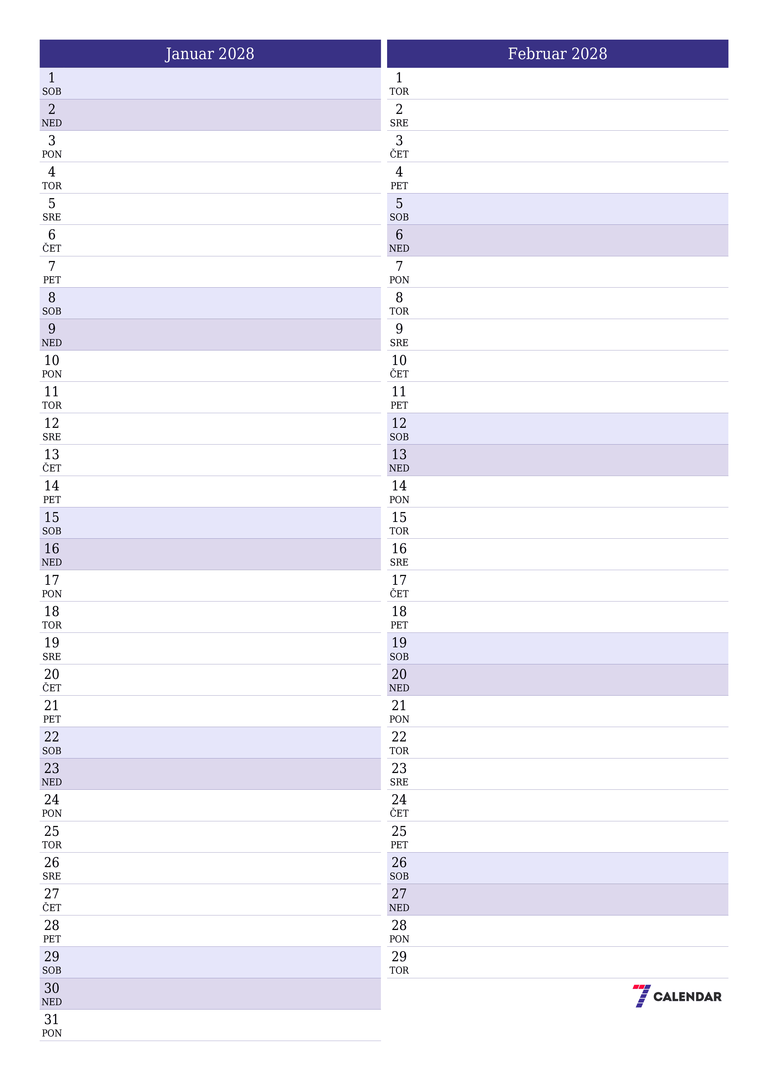 Prazen mesečni načrtovalec koledarja za mesec Januar 2028 z opombami, natisnjenimi v PDF PNG Slovenian