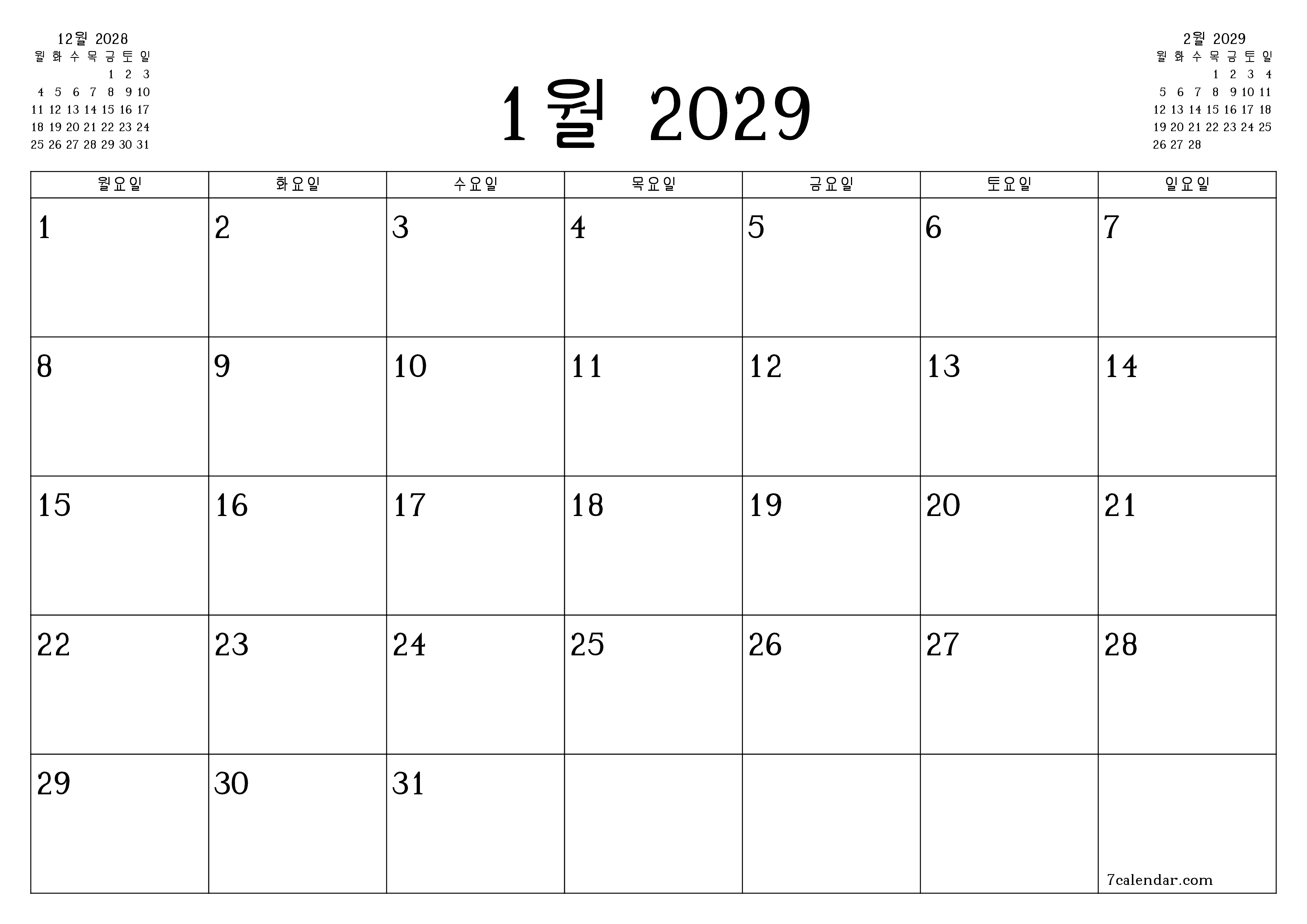 메모가있는 1월 2029 월의 월간 플래너 비우기, PDF PNG Korean-7calendar.com으로 저장 및 인쇄
