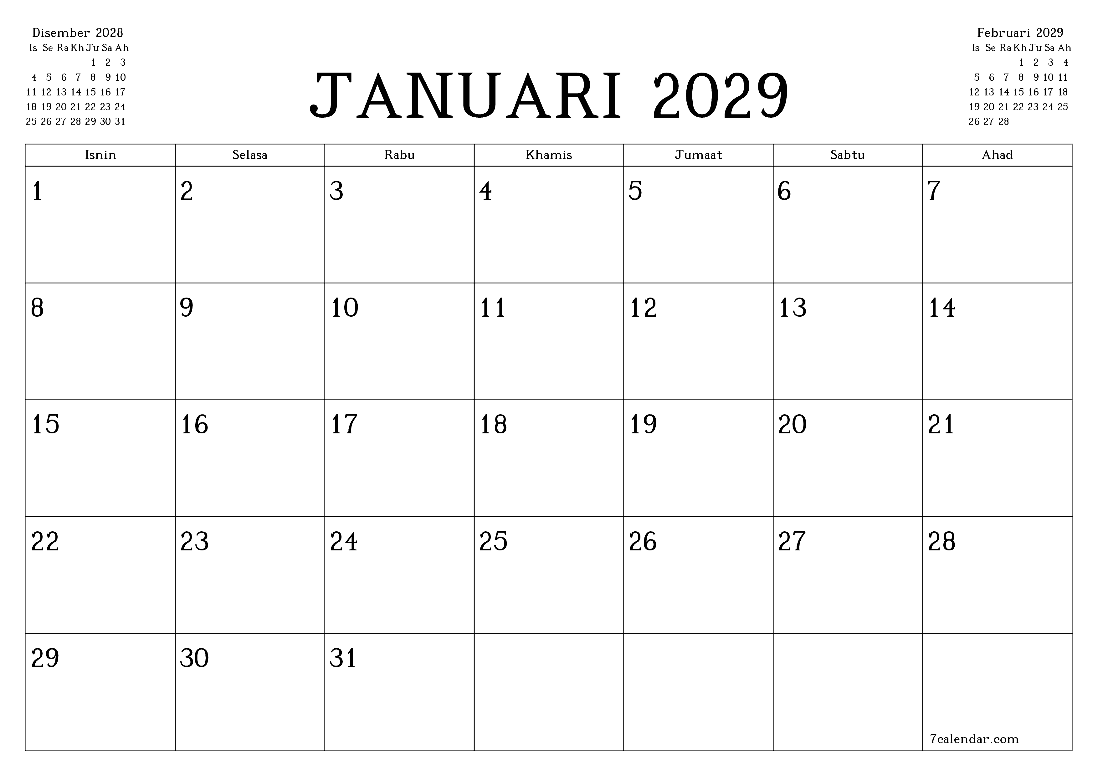 Perancang bulanan kosong untuk bulan Januari 2029 dengan nota, simpan dan cetak ke PDF PNG Malay