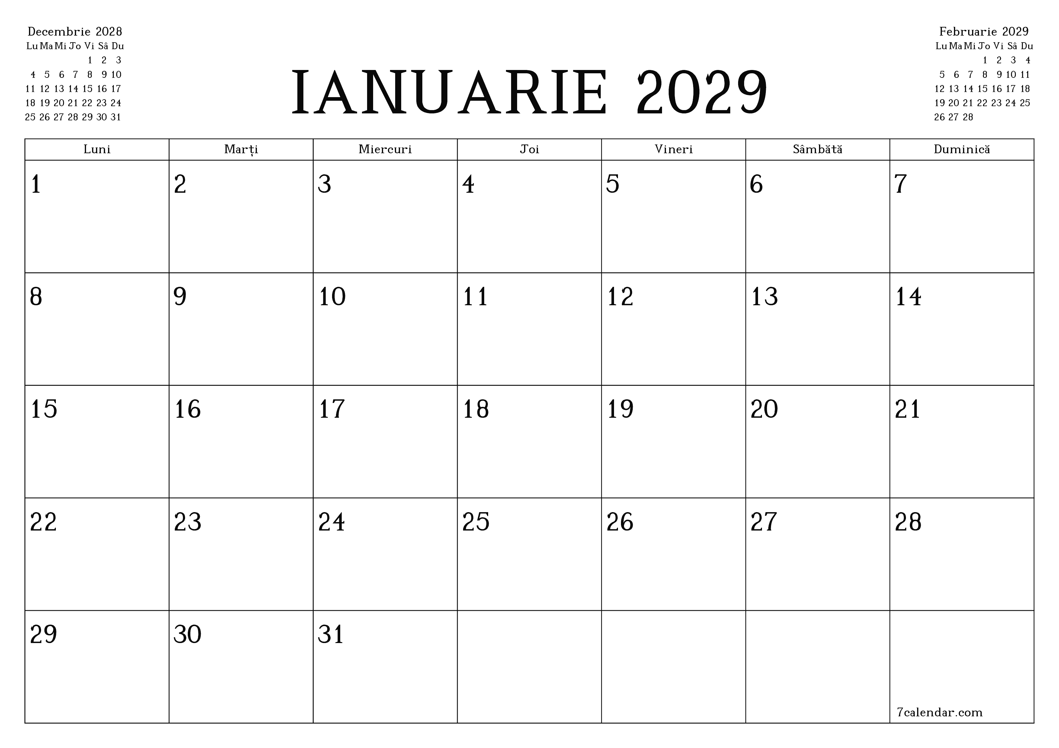 Planificator lunar gol pentru luna Ianuarie 2029 cu note, salvați și tipăriți în PDF PNG Romanian